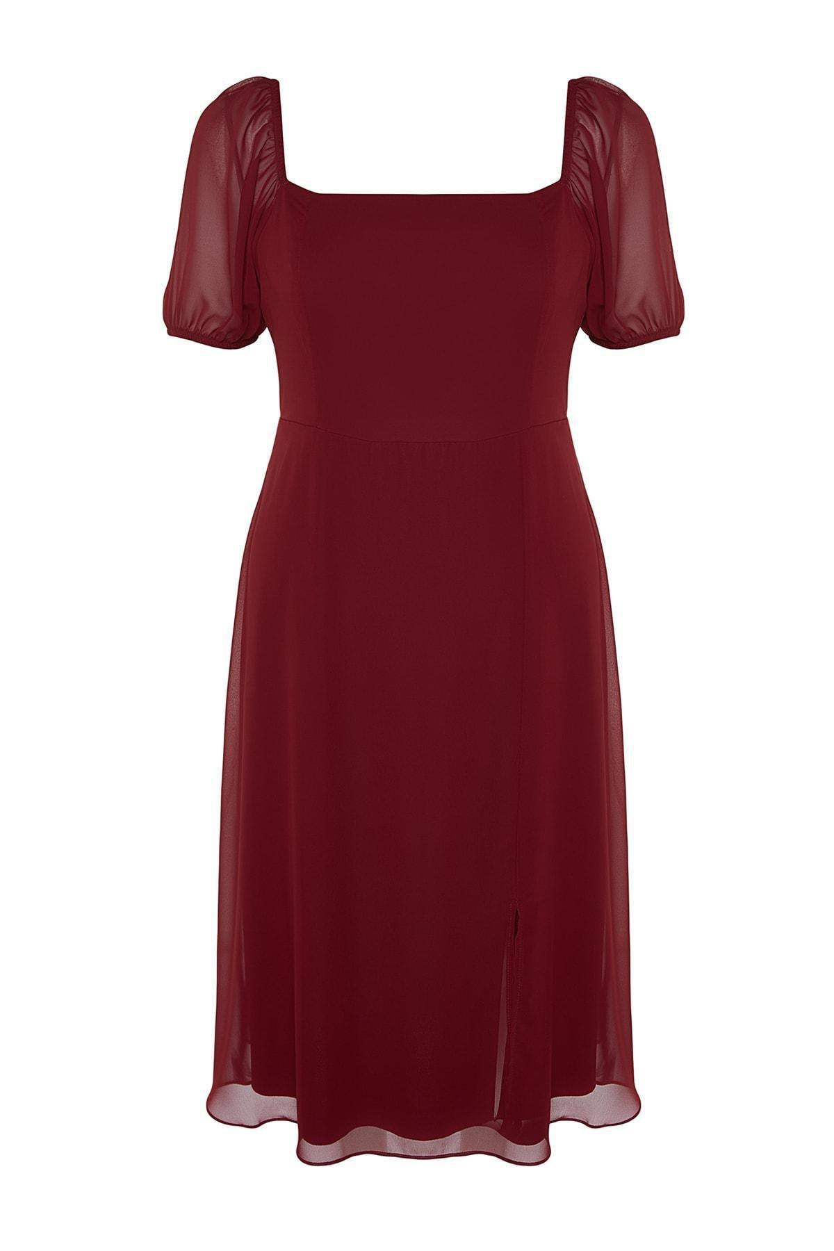 Burgundy A-Line Square Collar Midi Plus Size Dress, , large image number 5