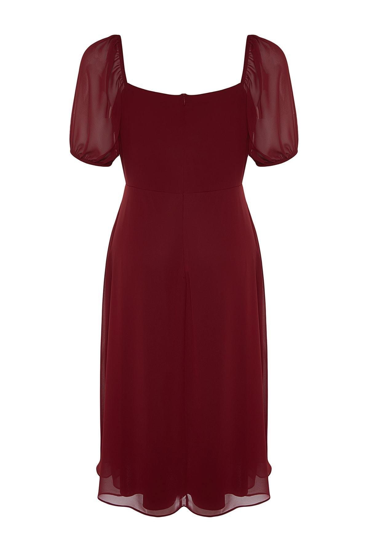 Burgundy A-Line Square Collar Midi Plus Size Dress, , large image number 7