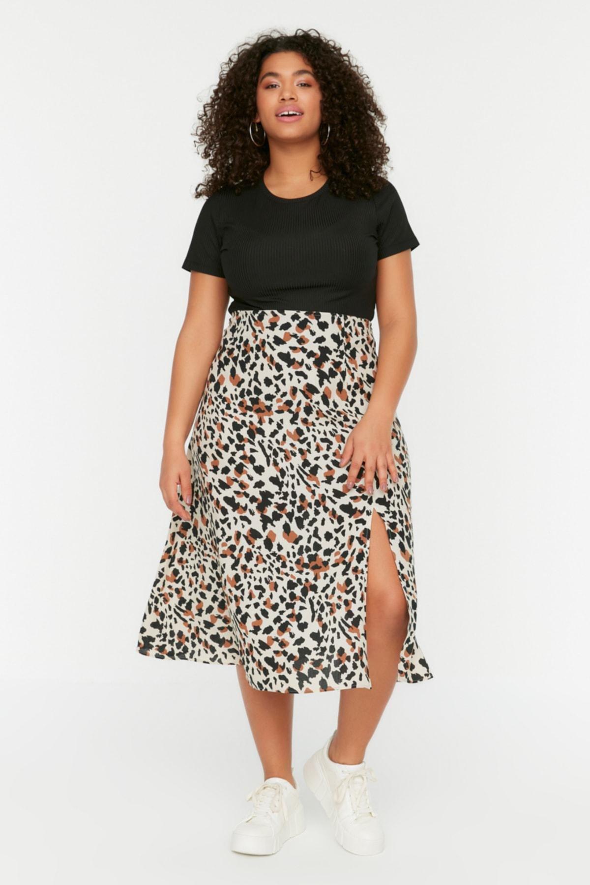 Beige High Waist Plus Size Skirt, , large image number 1