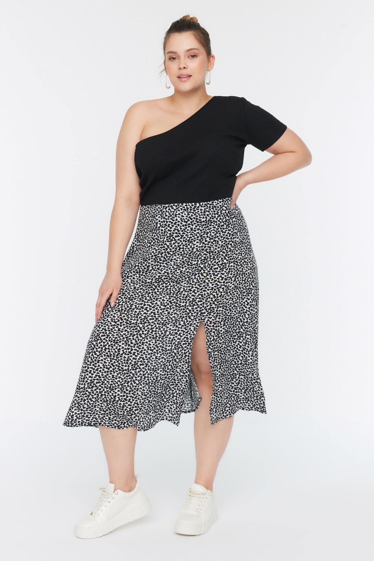 Black Midi Plus Size Skirt, Black, medium