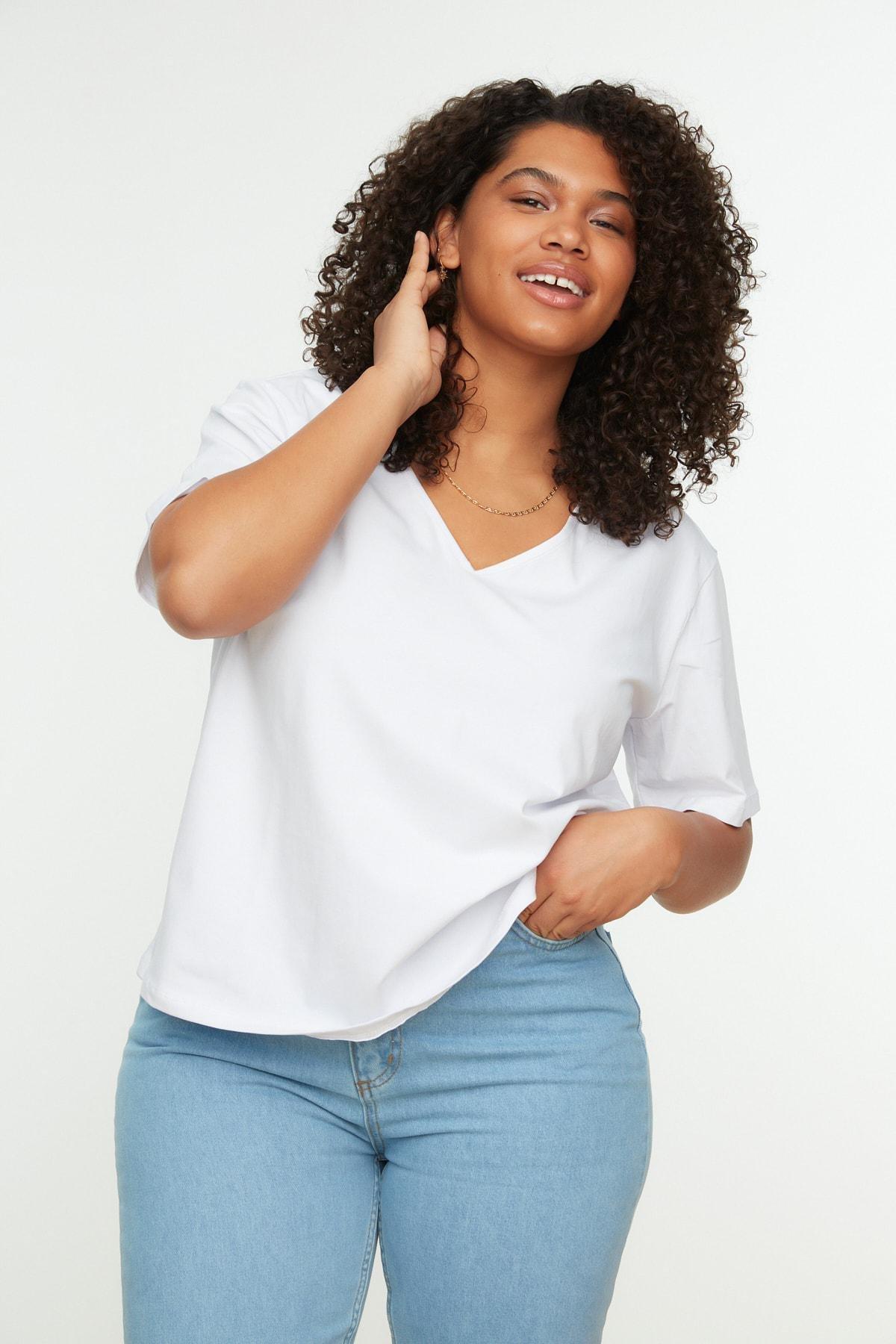 White Square Collar Plus Size T-Shirt, , large image number 0