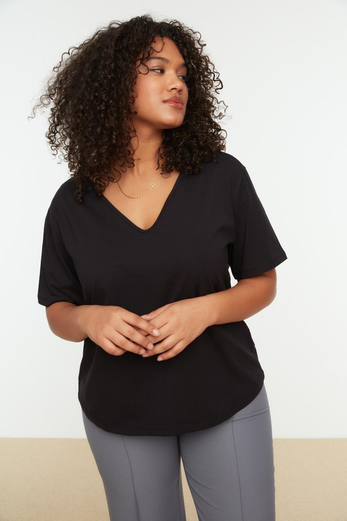 Black Square Collar Plus Size T-Shirt, Black, medium