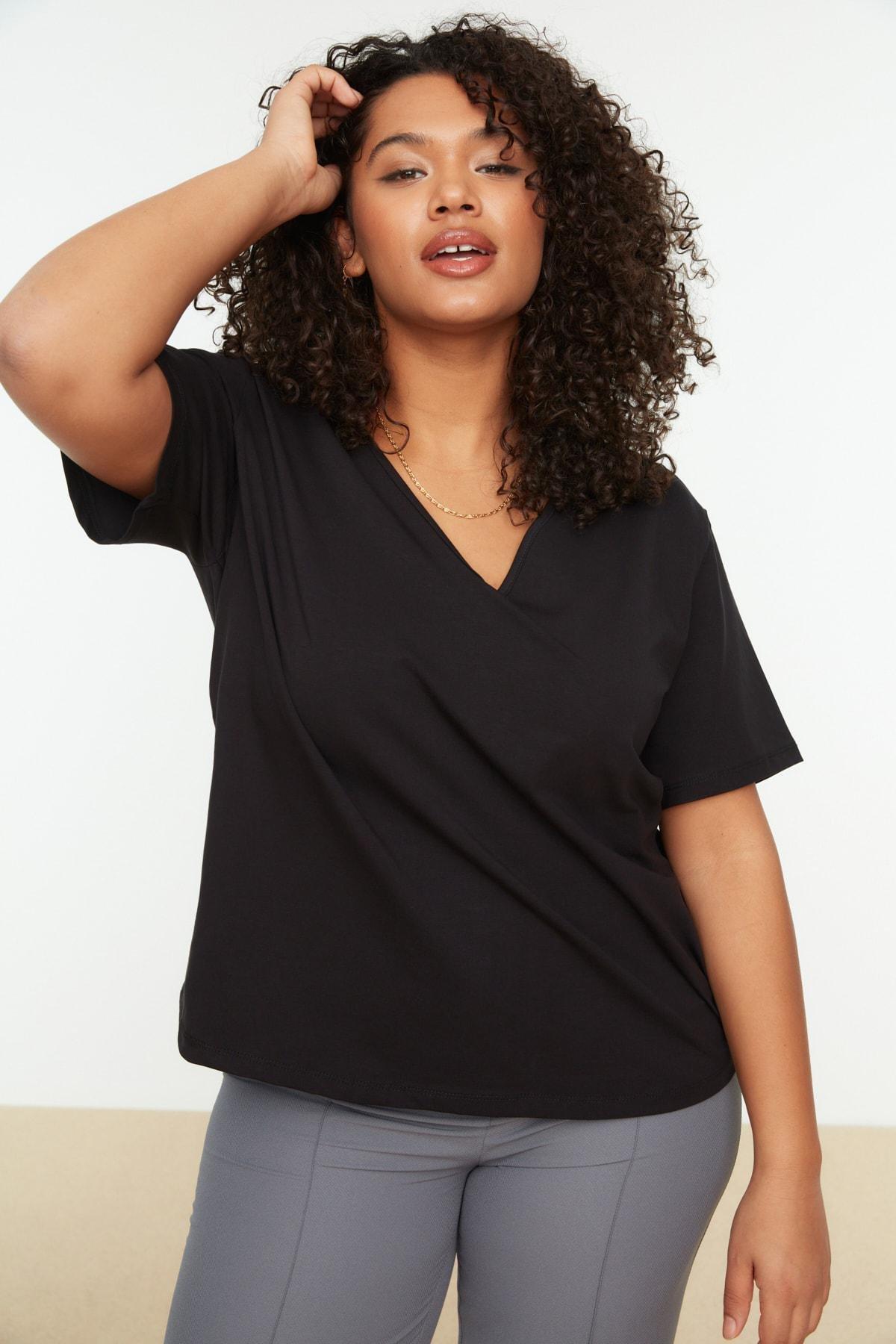 Black Square Collar Plus Size T-Shirt, Black, medium