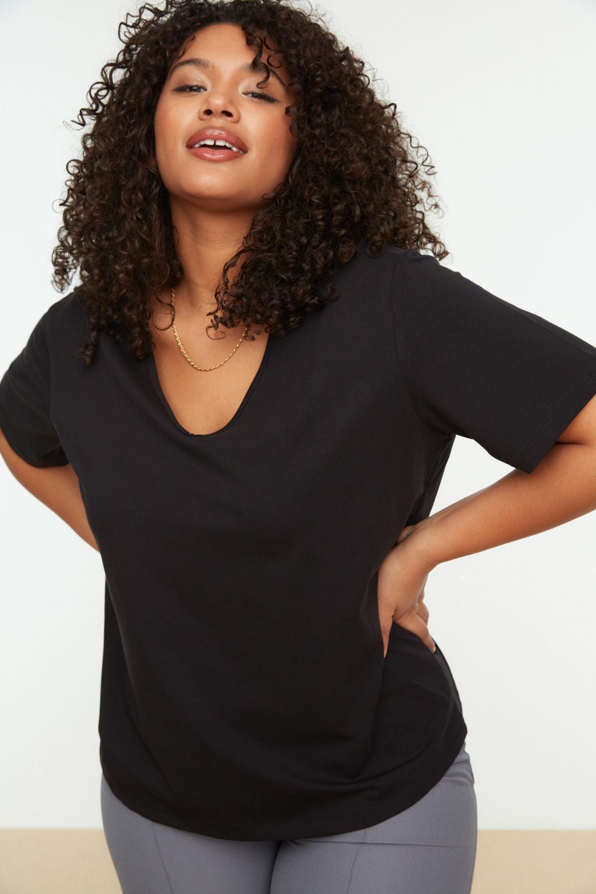 Black Square Collar Plus Size T-Shirt, Black, medium
