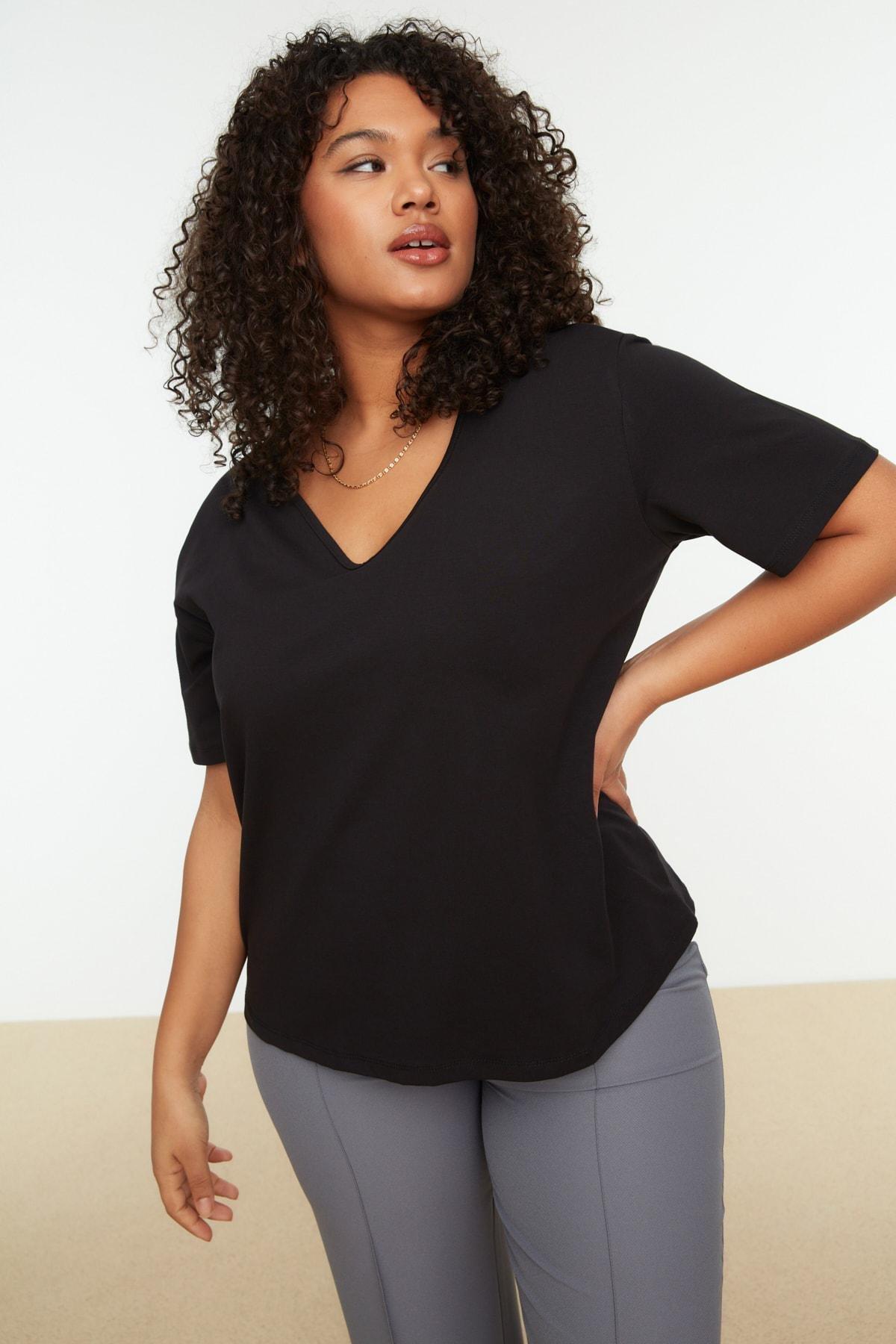 Black Square Collar Plus Size T-Shirt, Black, large image number 3