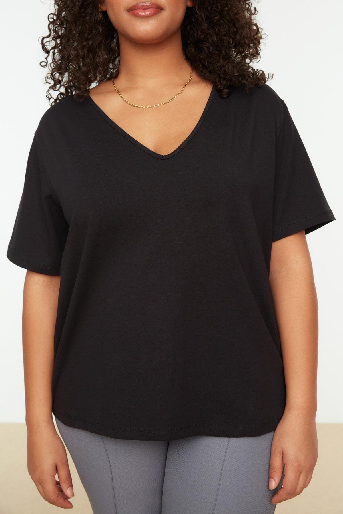 Black Square Collar Plus Size T-Shirt, Black, large image number 4