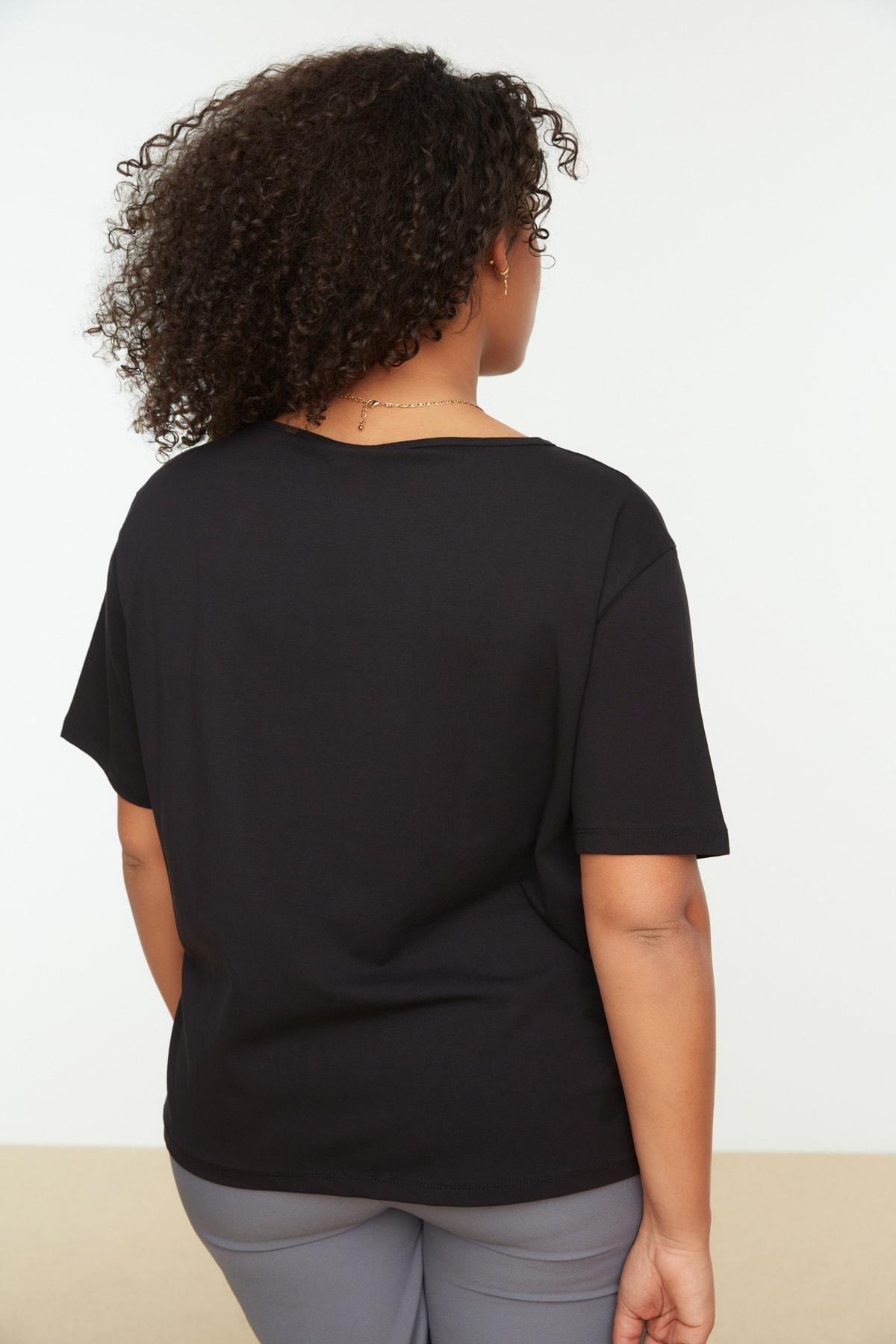 Black Square Collar Plus Size T-Shirt, Black, large image number 5