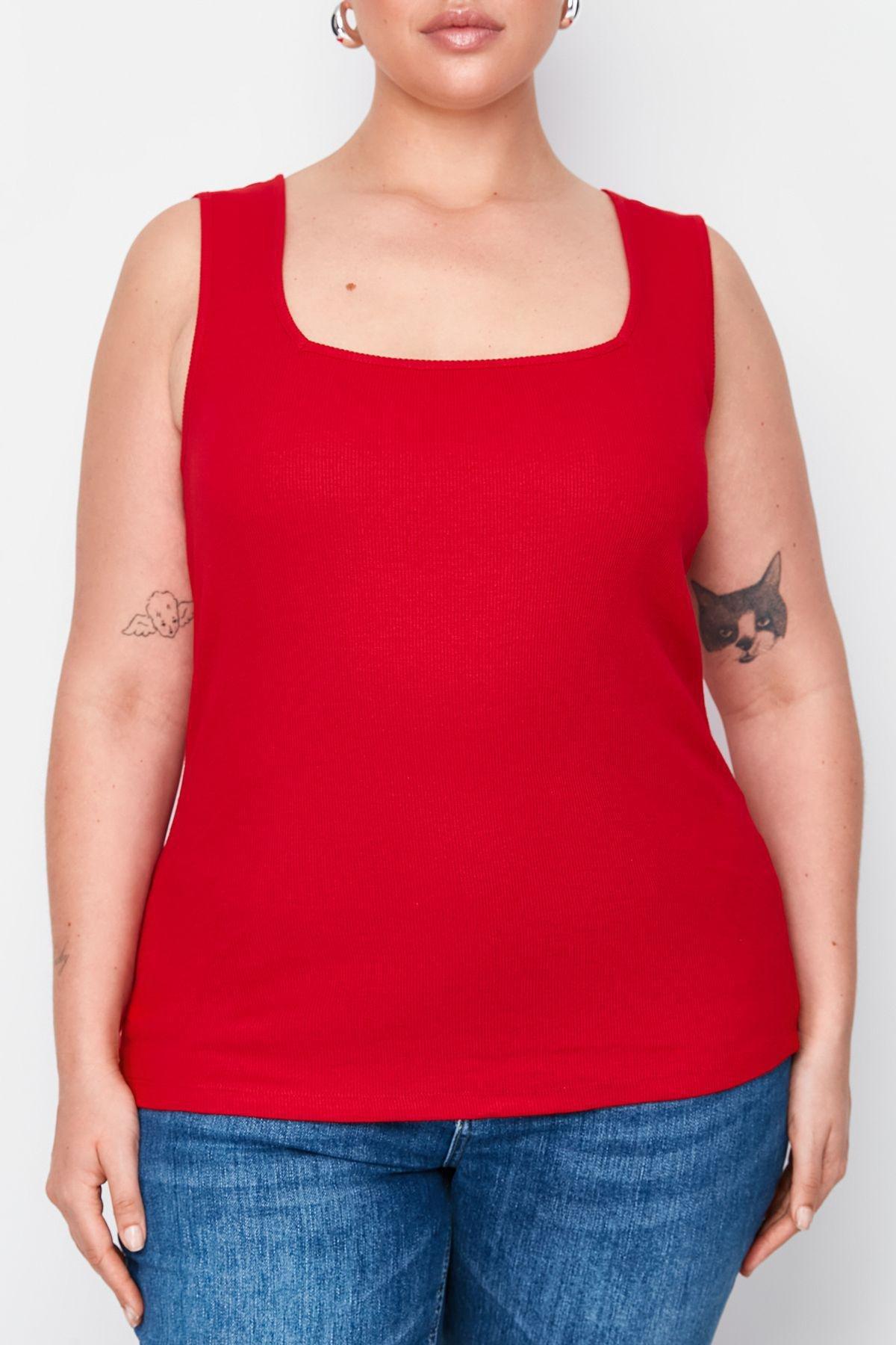 Red Basic Ribbed Square Neck Knit Plus Size Undershirt TBBSS22AL0011, , medium
