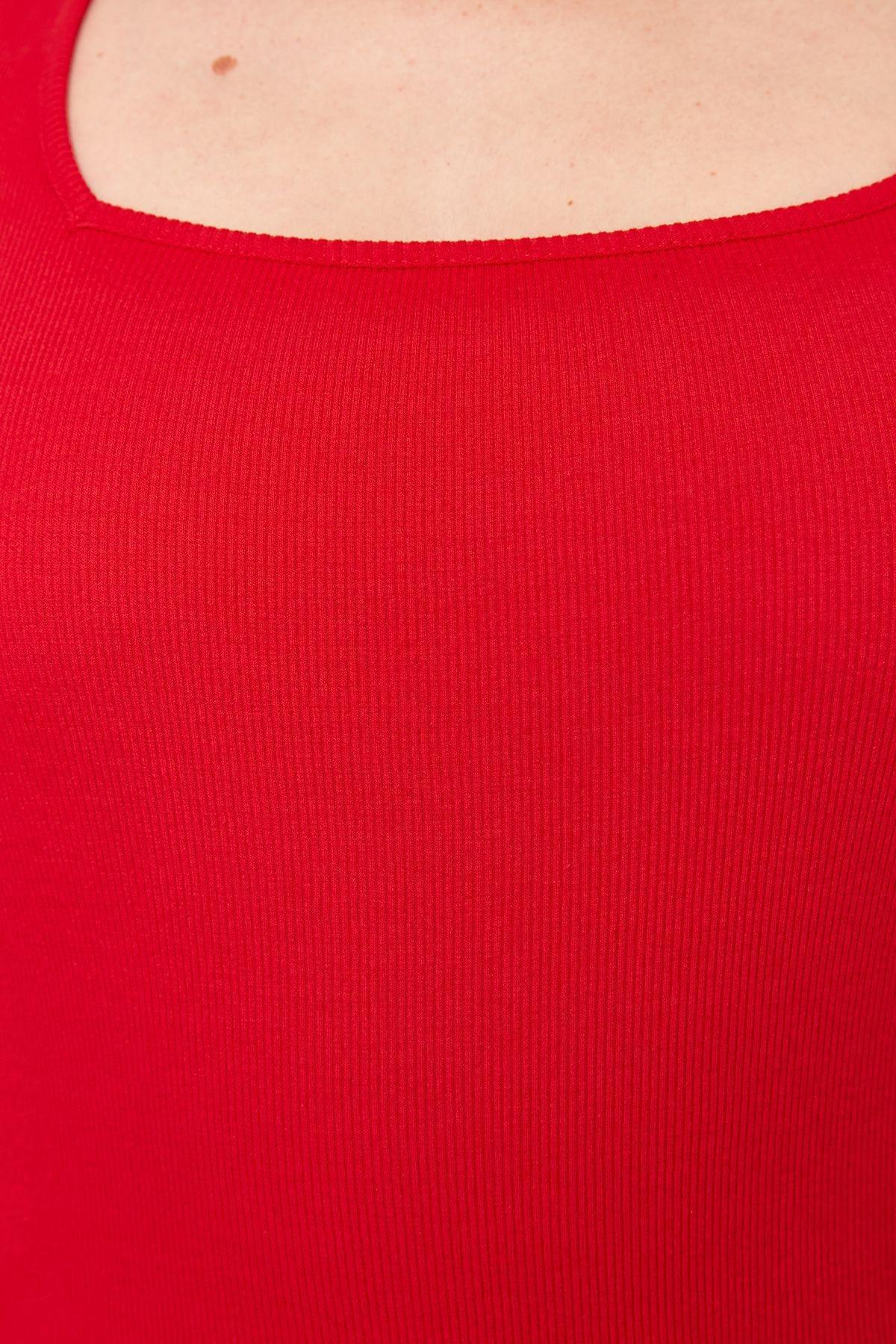 Red Basic Ribbed Square Neck Knit Plus Size Undershirt TBBSS22AL0011, , large image number 1