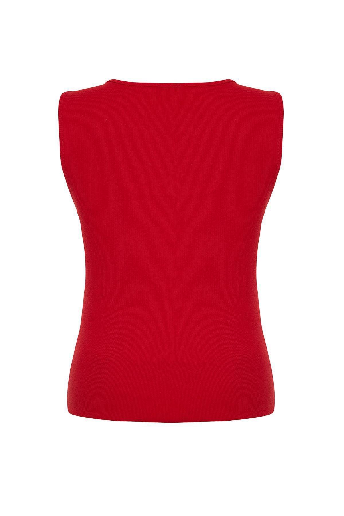 Red Basic Ribbed Square Neck Knit Plus Size Undershirt TBBSS22AL0011, , large image number 2