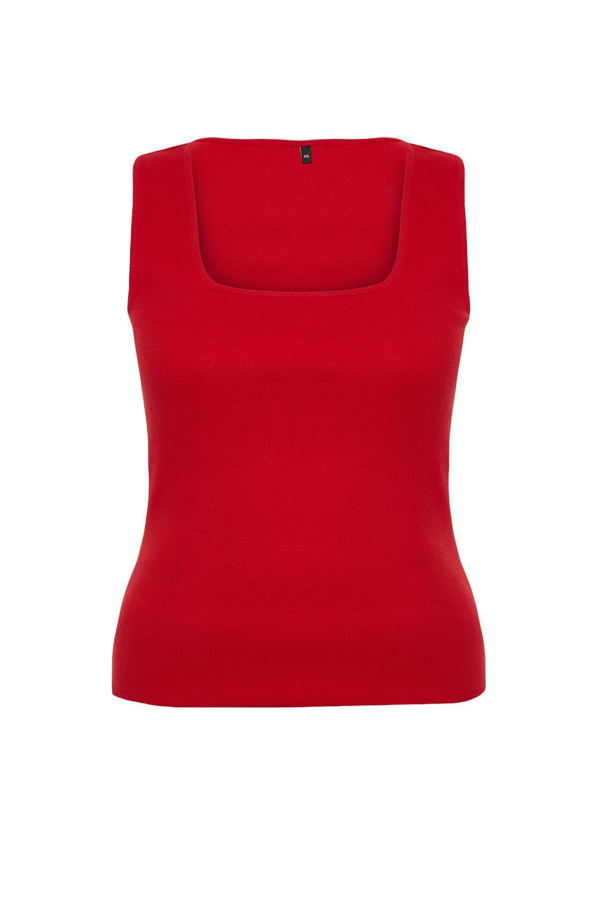 Red Basic Ribbed Square Neck Knit Plus Size Undershirt TBBSS22AL0011, , large image number 3