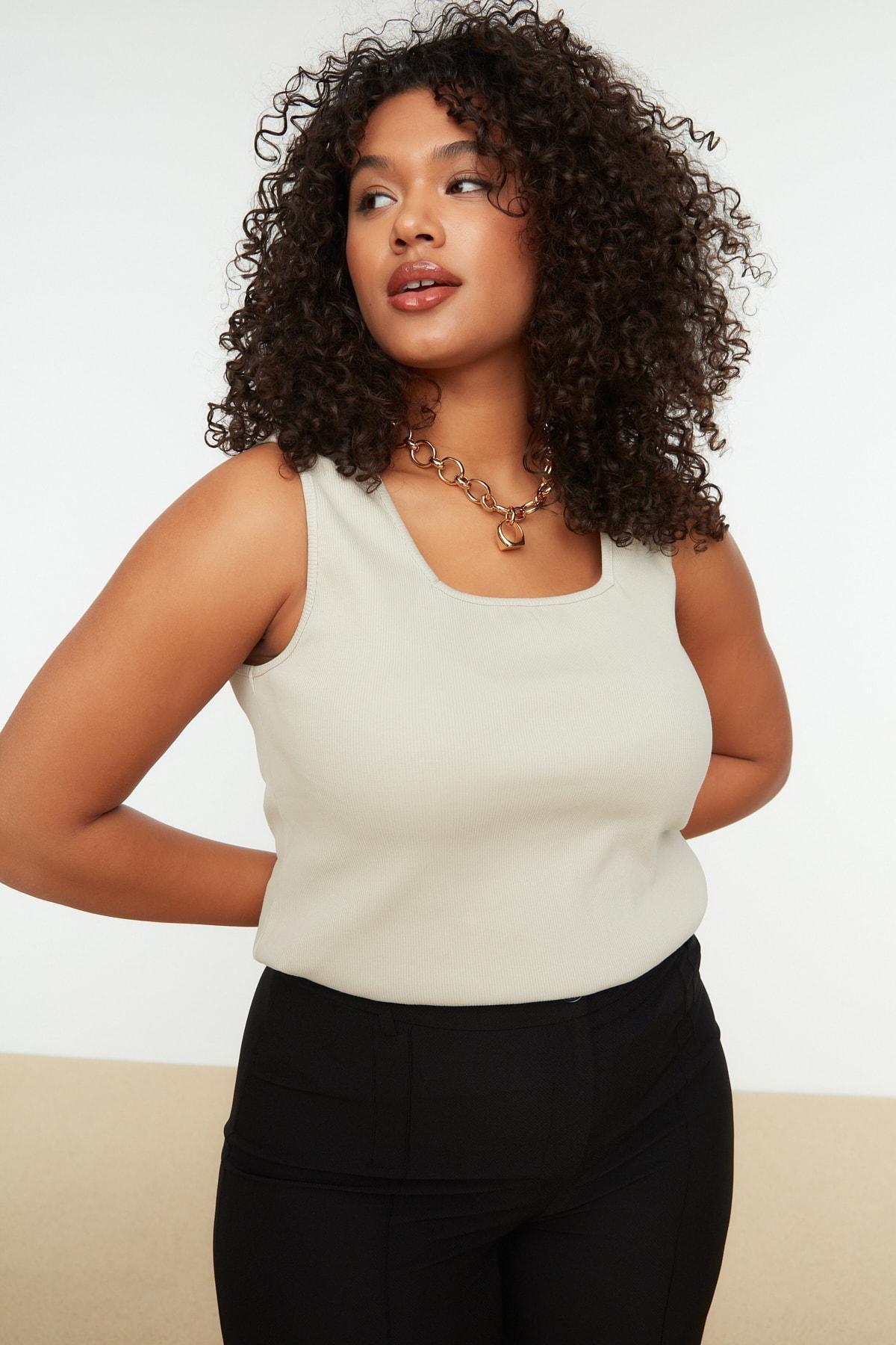 Beige Square Collar Plus Size Camisole, , large image number 0