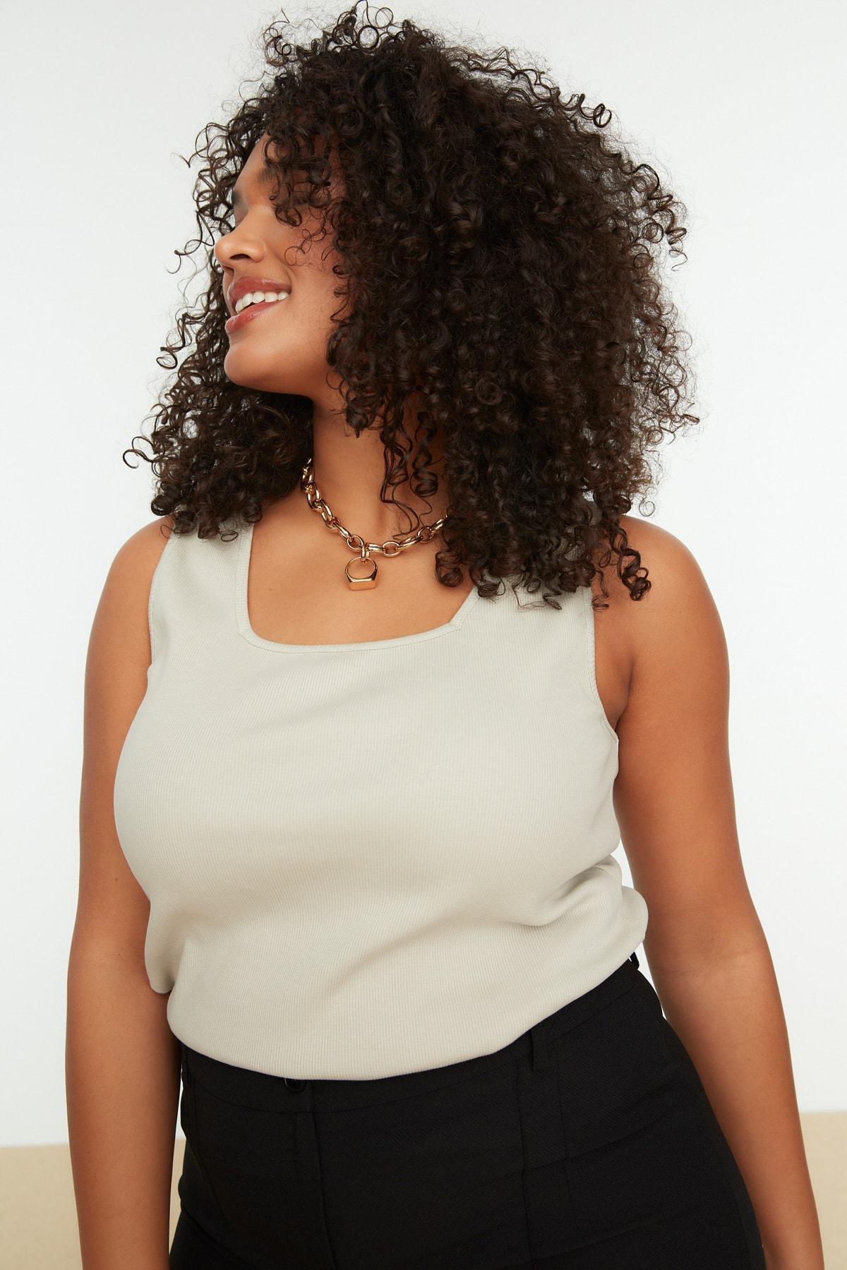 Beige Square Collar Plus Size Camisole, , large image number 1