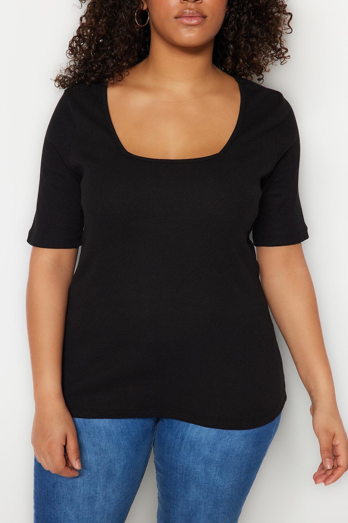 Black Square Collar Plus Size T-Shirt, , large image number 2