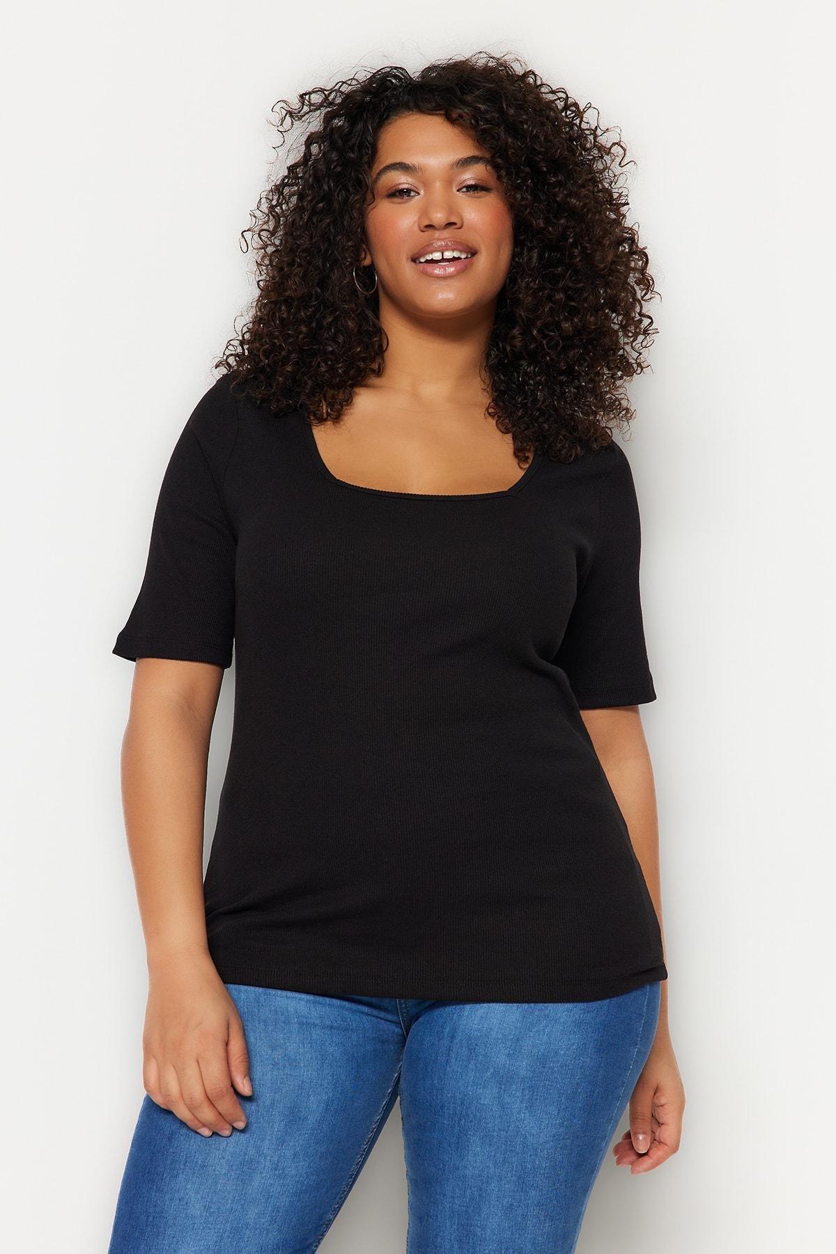 Black Square Collar Plus Size T-Shirt, , large image number 4