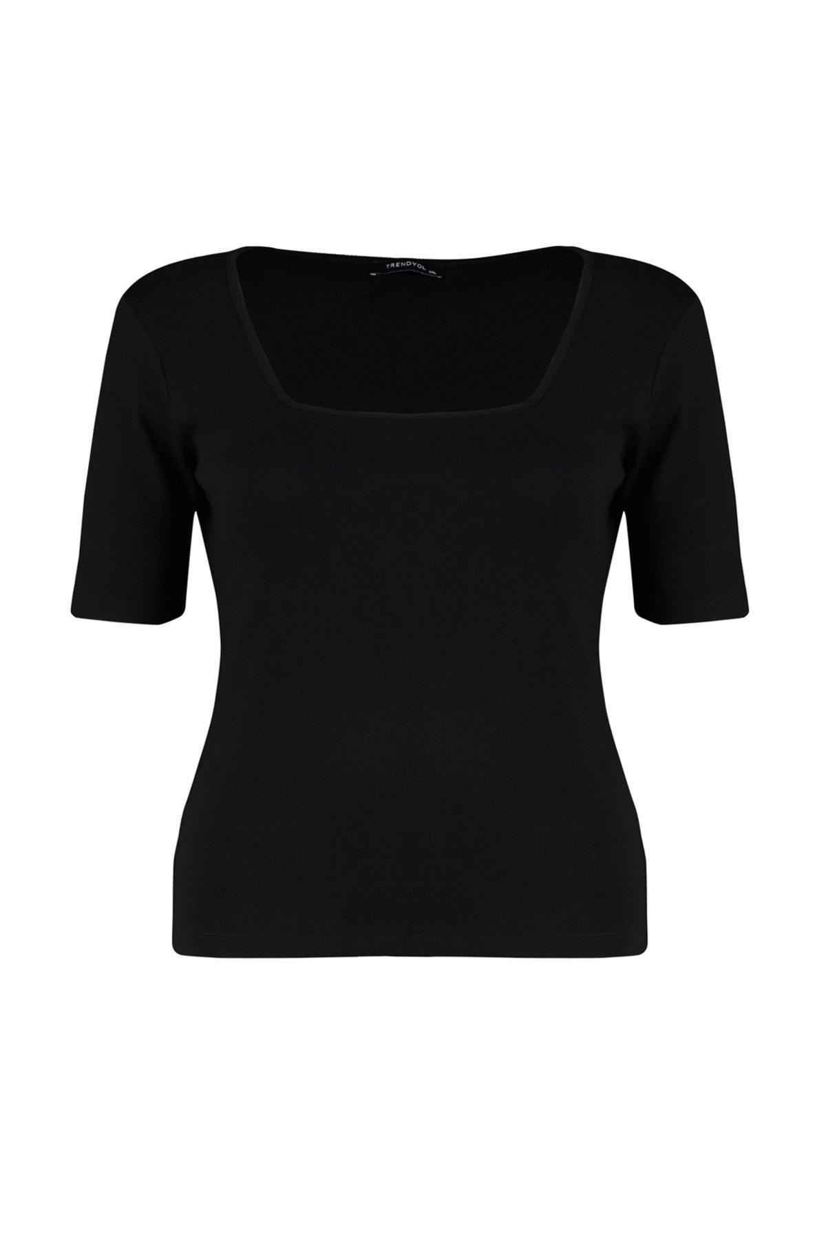 Black Square Collar Plus Size T-Shirt, , large image number 6