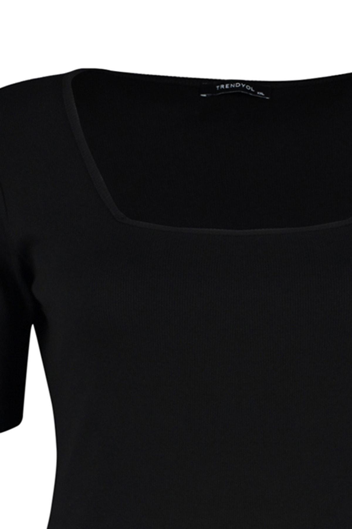 Black Square Collar Plus Size T-Shirt, , large image number 7