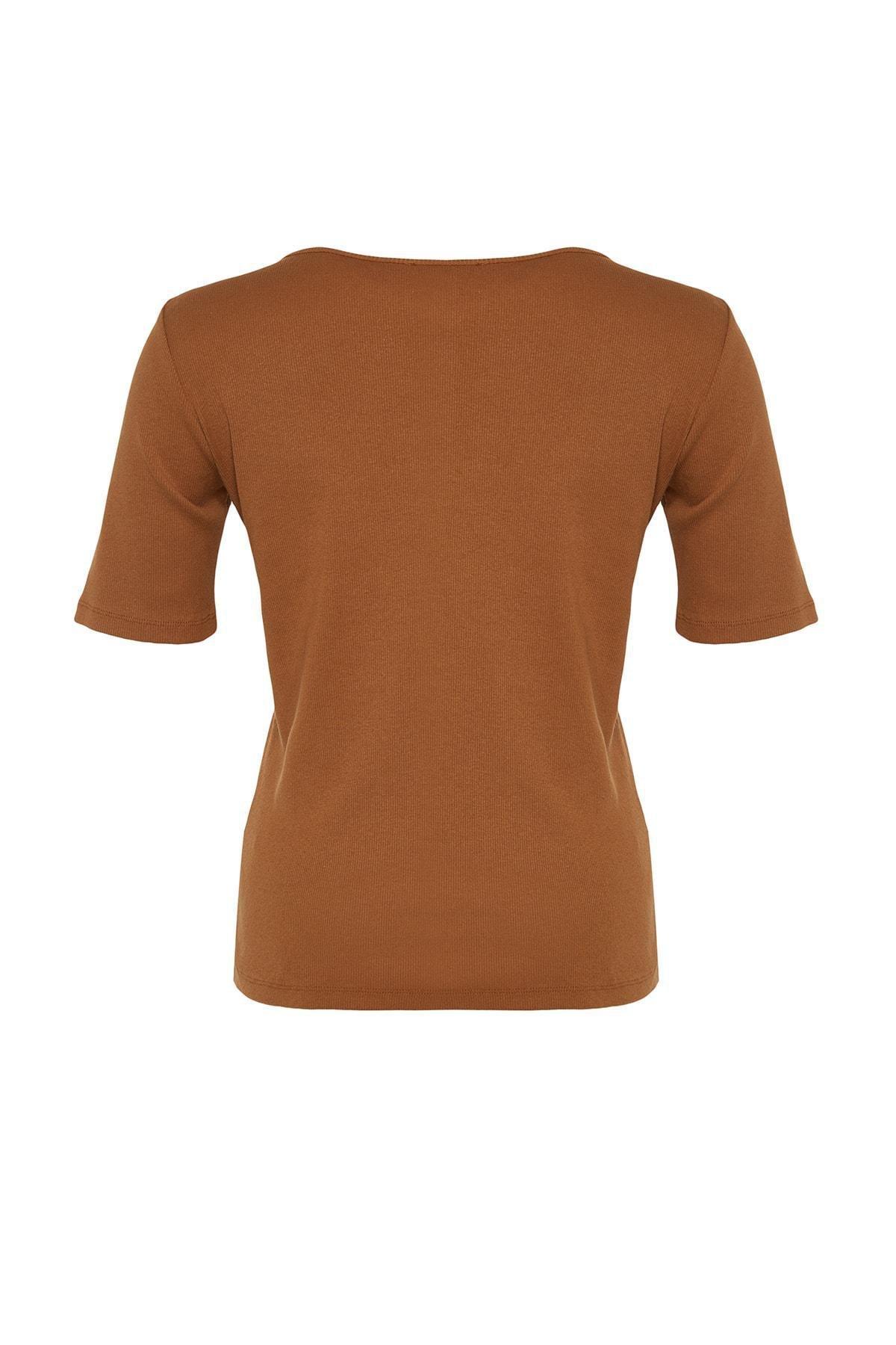 Trendyol - Brown Square Collar Plus Size T-Shirt