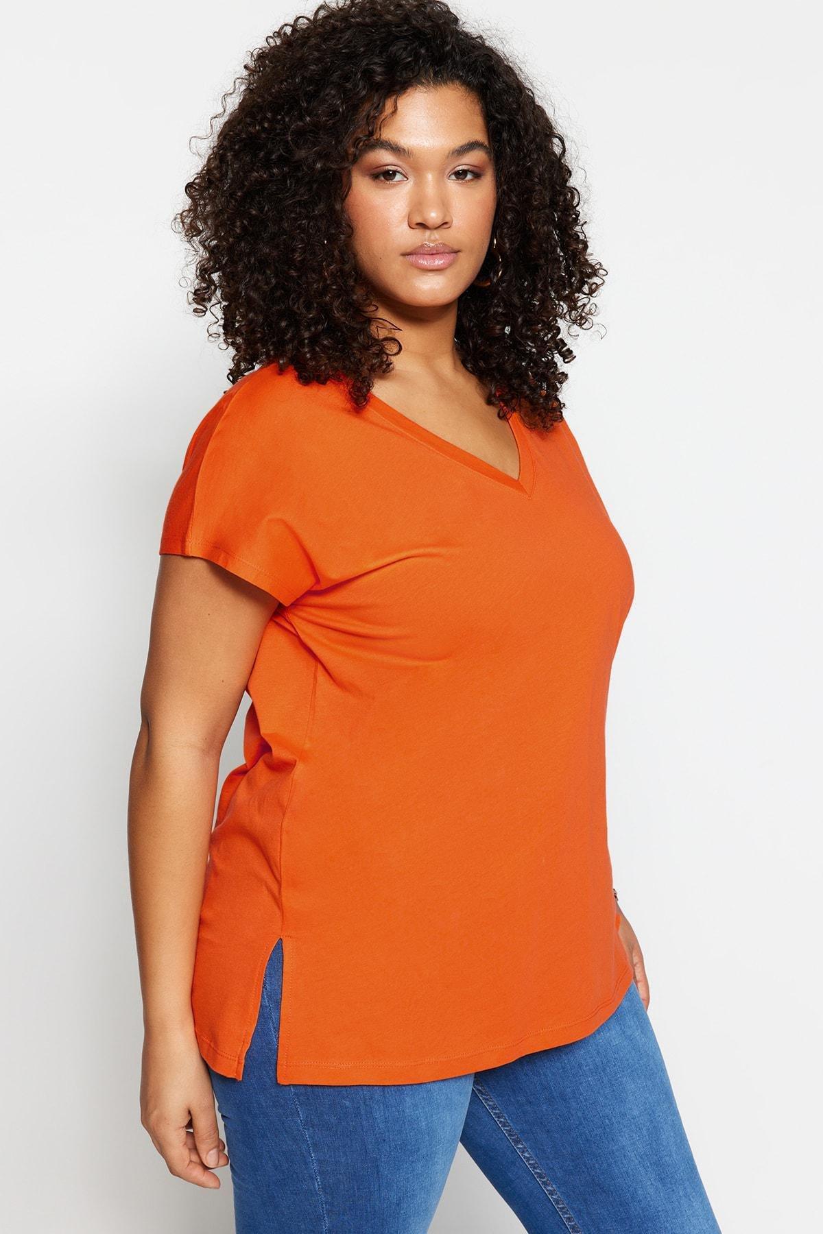 Trendyol - Orange V-Neck Plus Size T-Shirt