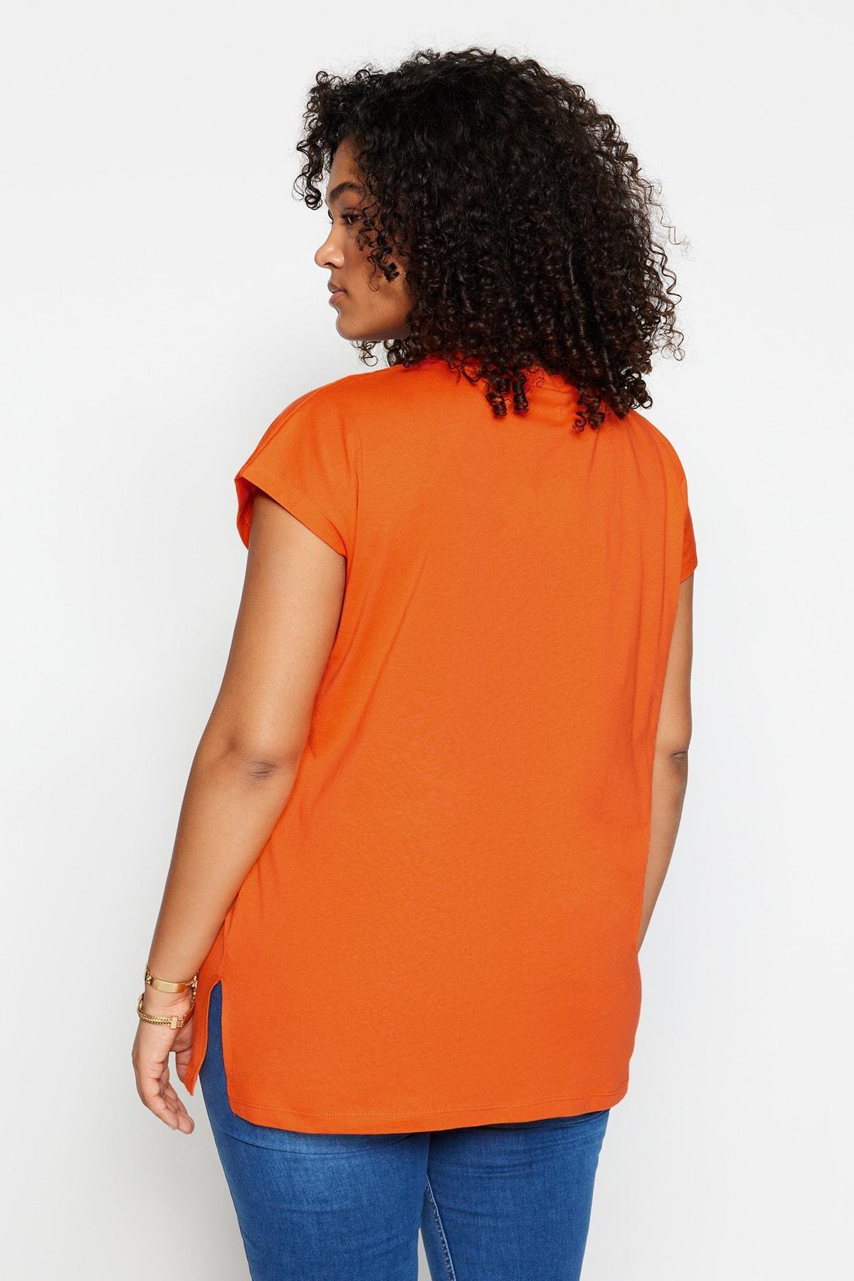 Trendyol - Orange V-Neck Plus Size T-Shirt