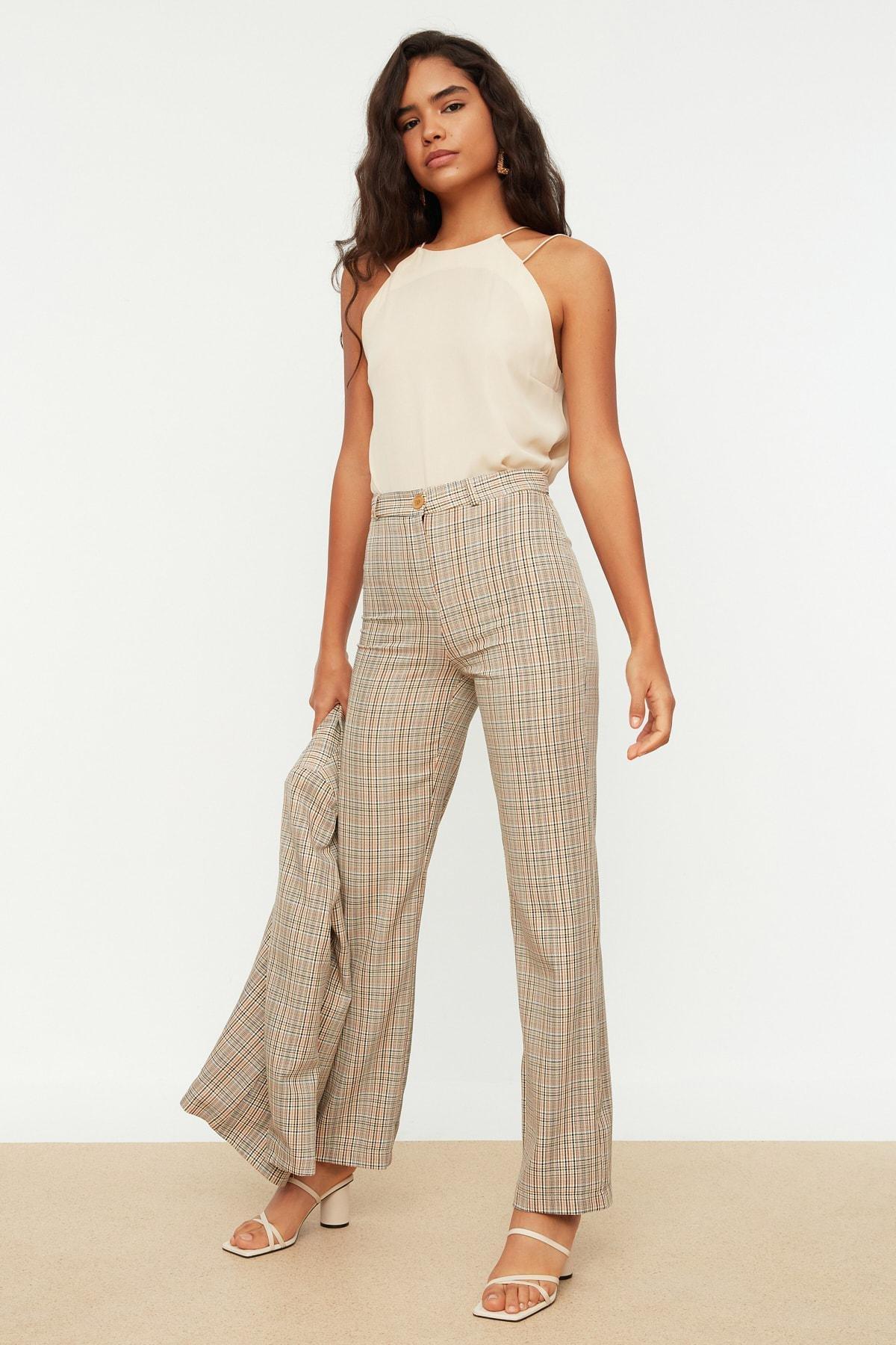 Beige Plaid Slim Pants, Beige, large image number 0