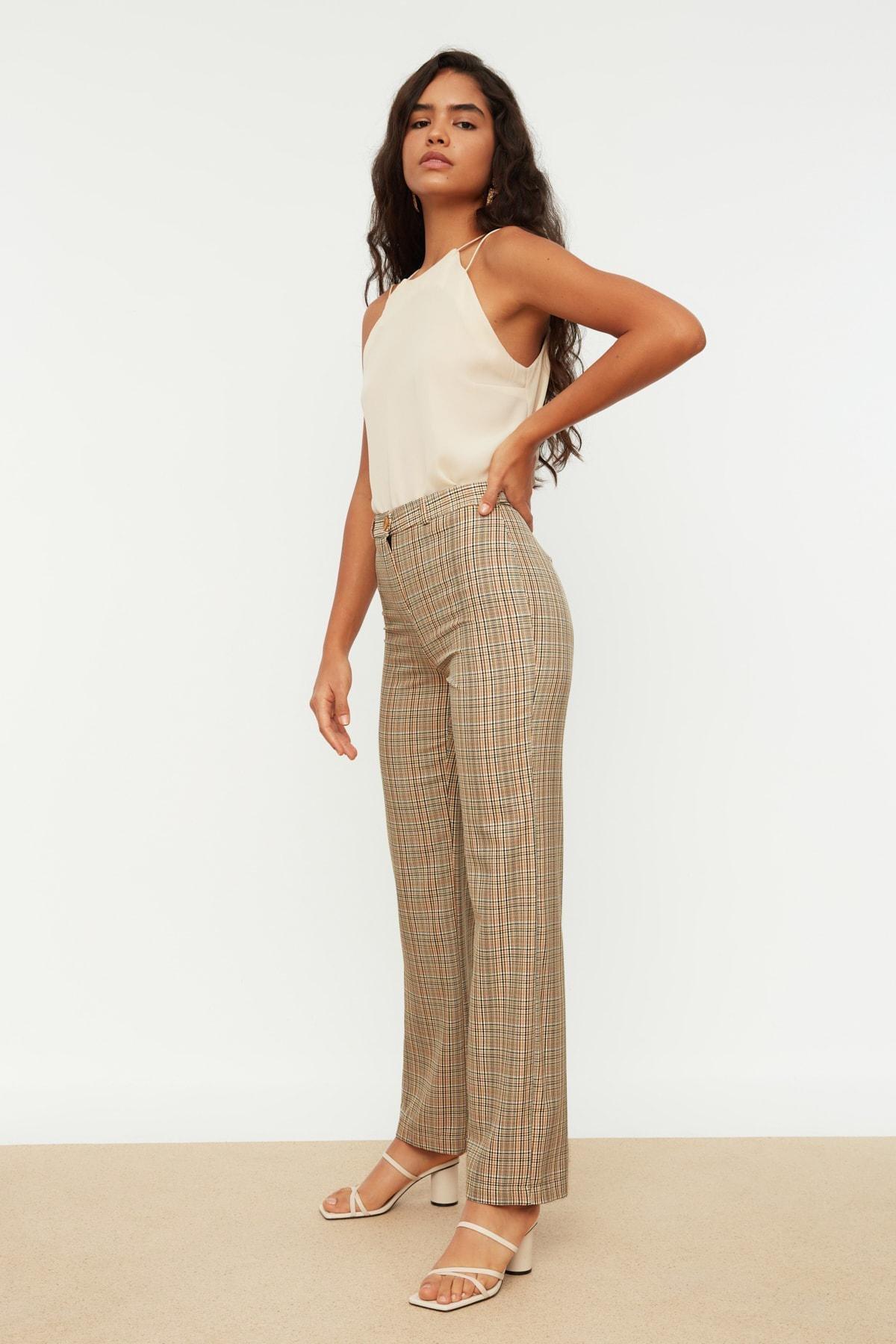 Beige Plaid Slim Pants, Beige, large image number 1