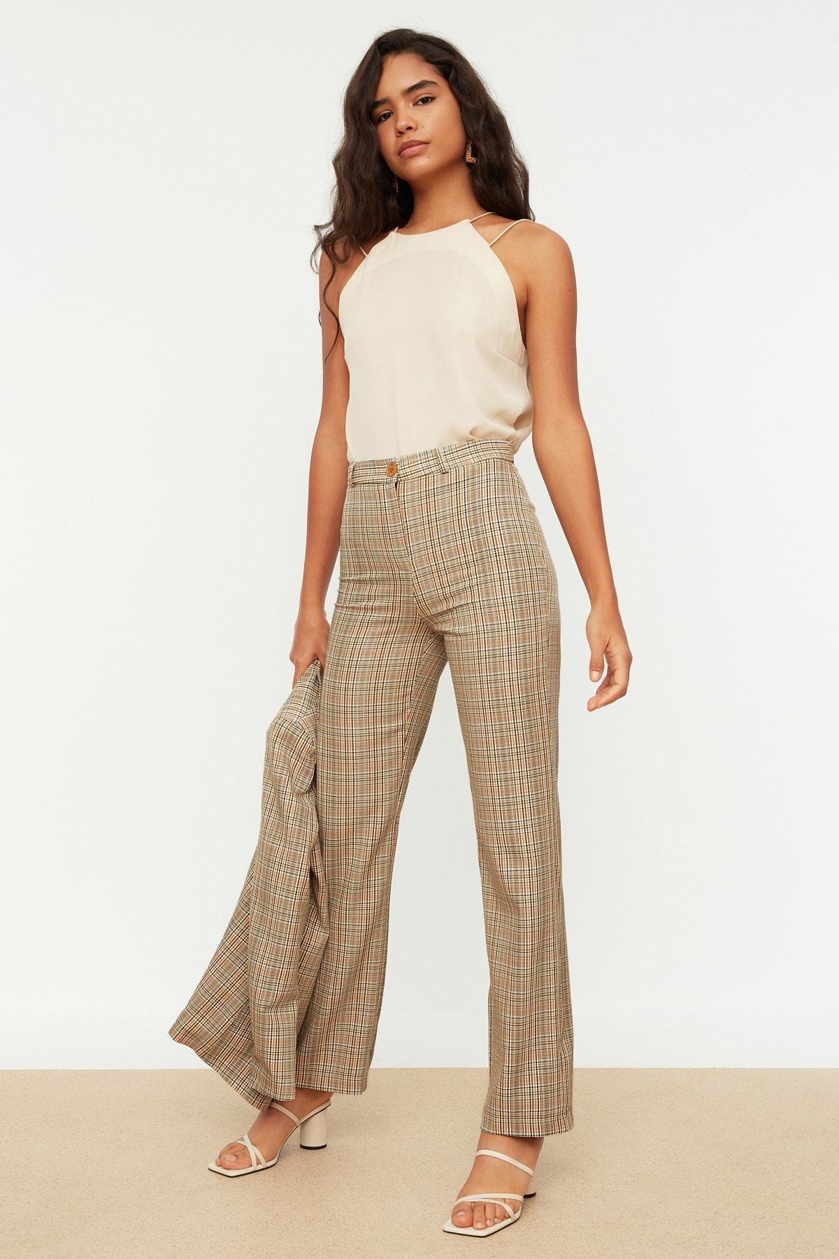 Beige Plaid Slim Pants, Beige, large image number 2