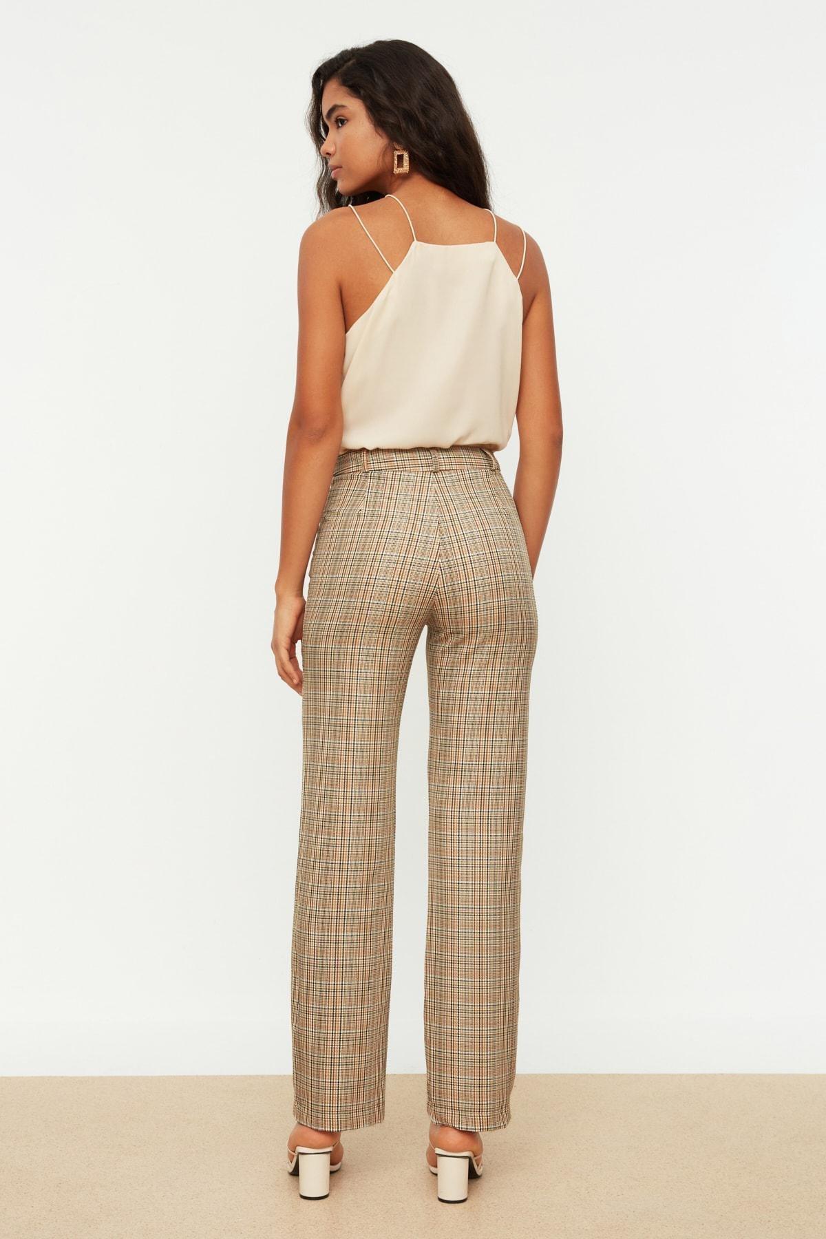 Beige Plaid Slim Pants, Beige, large image number 4
