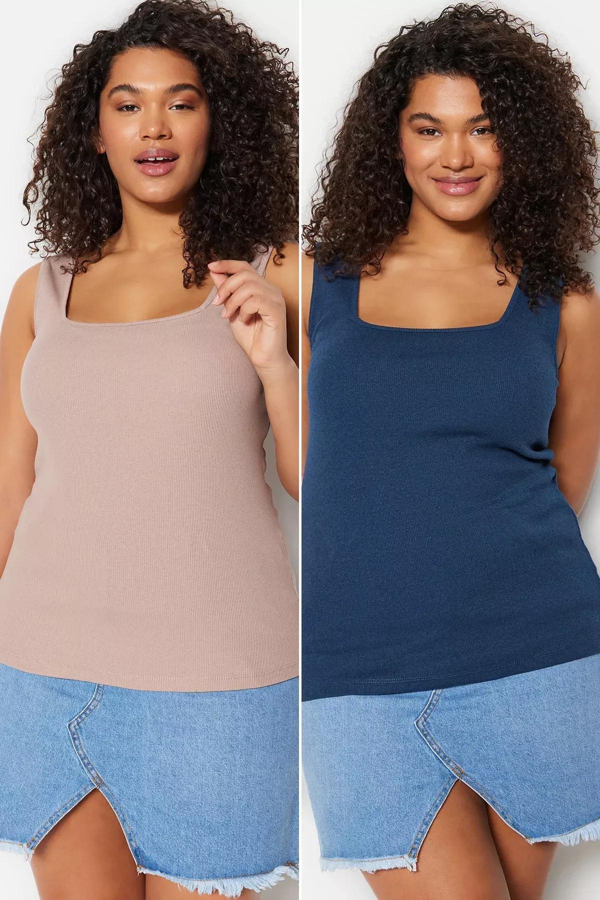 Beige Plus Size Tank Top, Set Of 2, Brown, medium