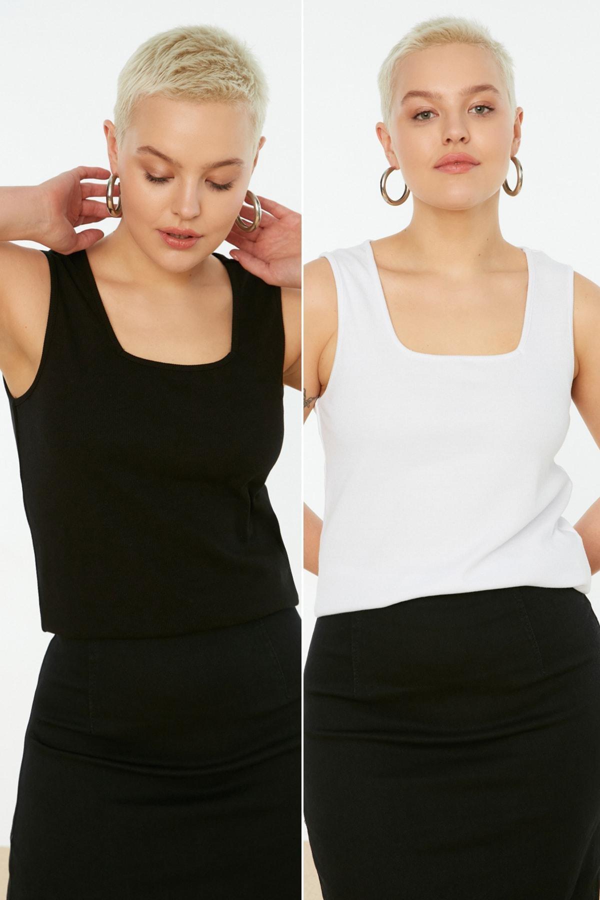 Black Crew Neck Plus Size Camisole, Set Of 2, Black, medium