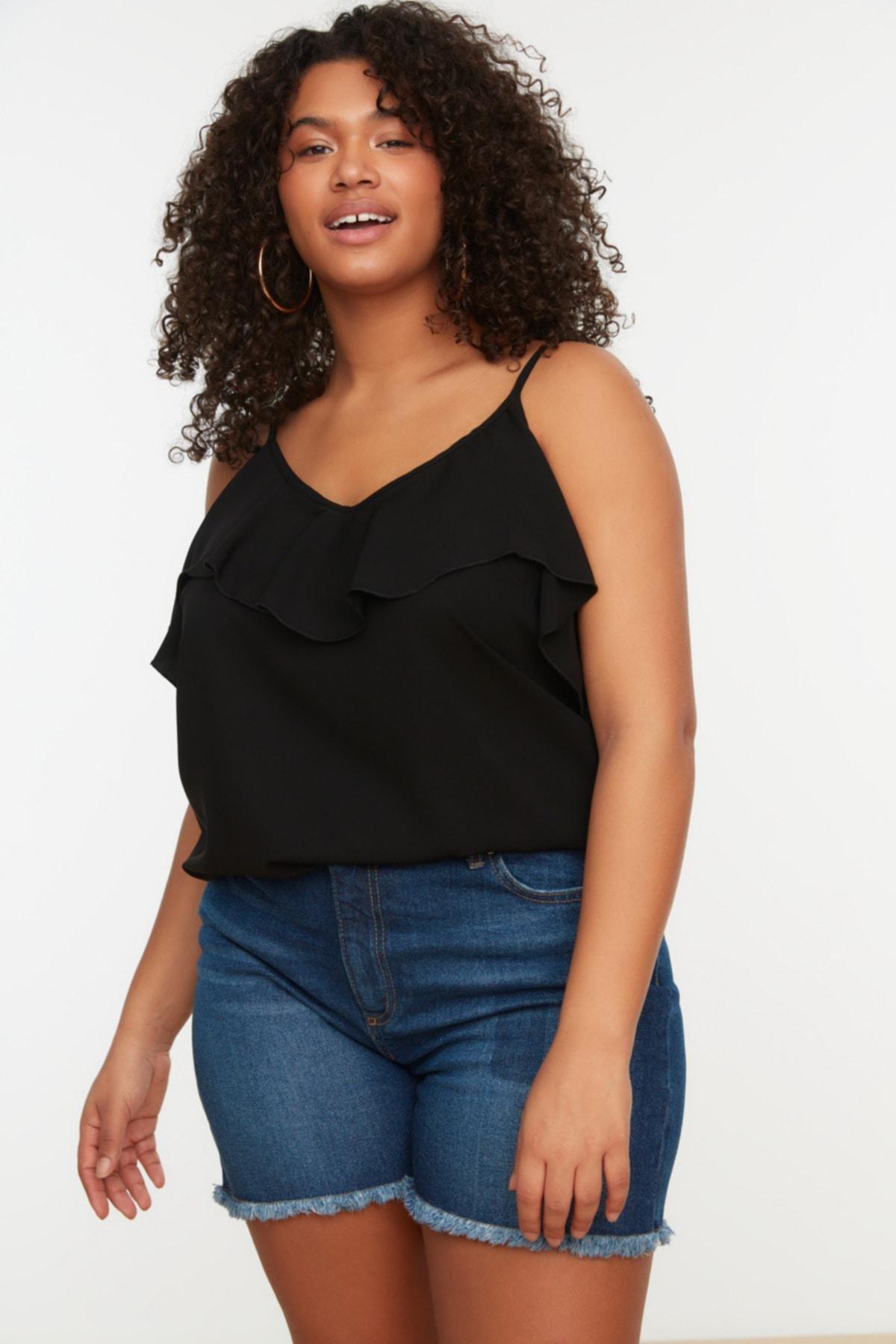 Black Spaghetti Straps Plus Size Blouse, , large image number 0