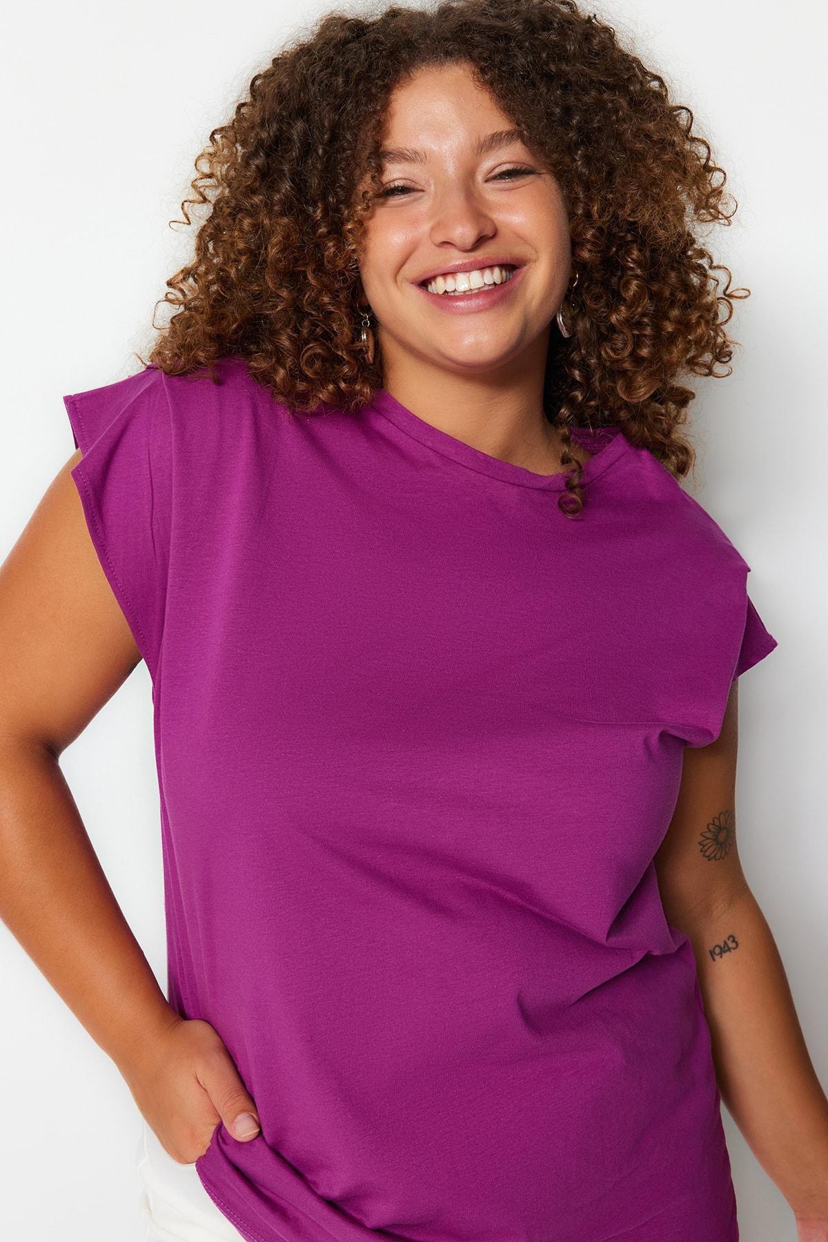 Purple Crew Neck Plus Size T-Shirt, Purple, medium