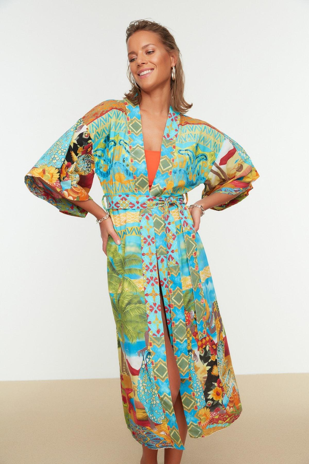 Trendyol - Blue Tropical Pattern Belted Maxi Kimono <br>