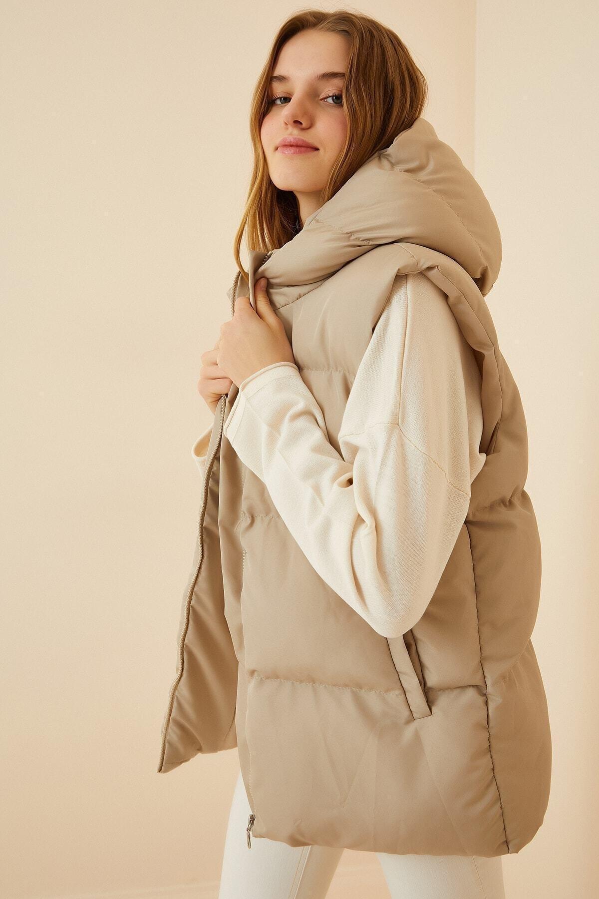 Beige Hooded Puffer Vest, Cream, large image number 0