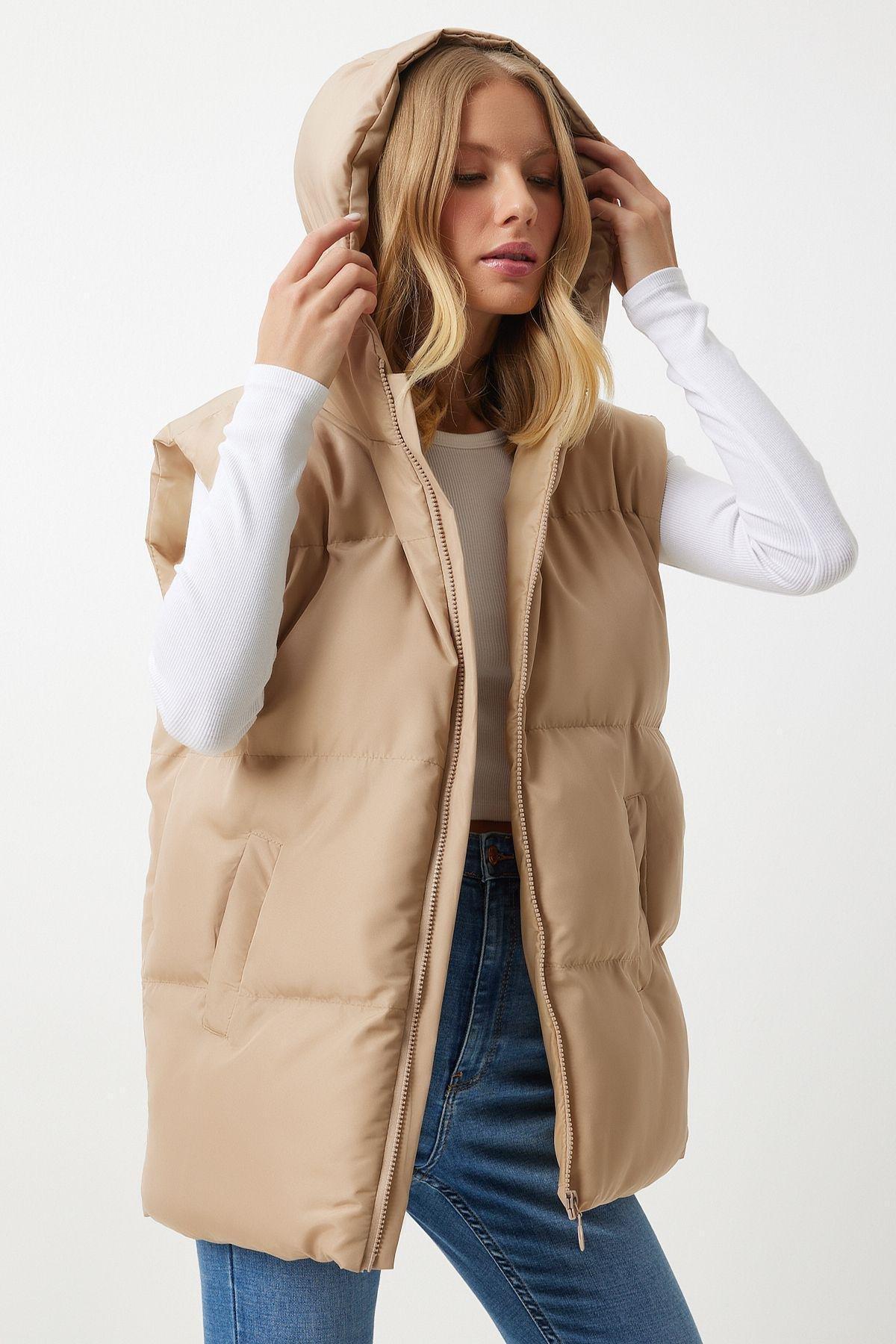 Beige Hooded Puffer Vest, Cream, large image number 1