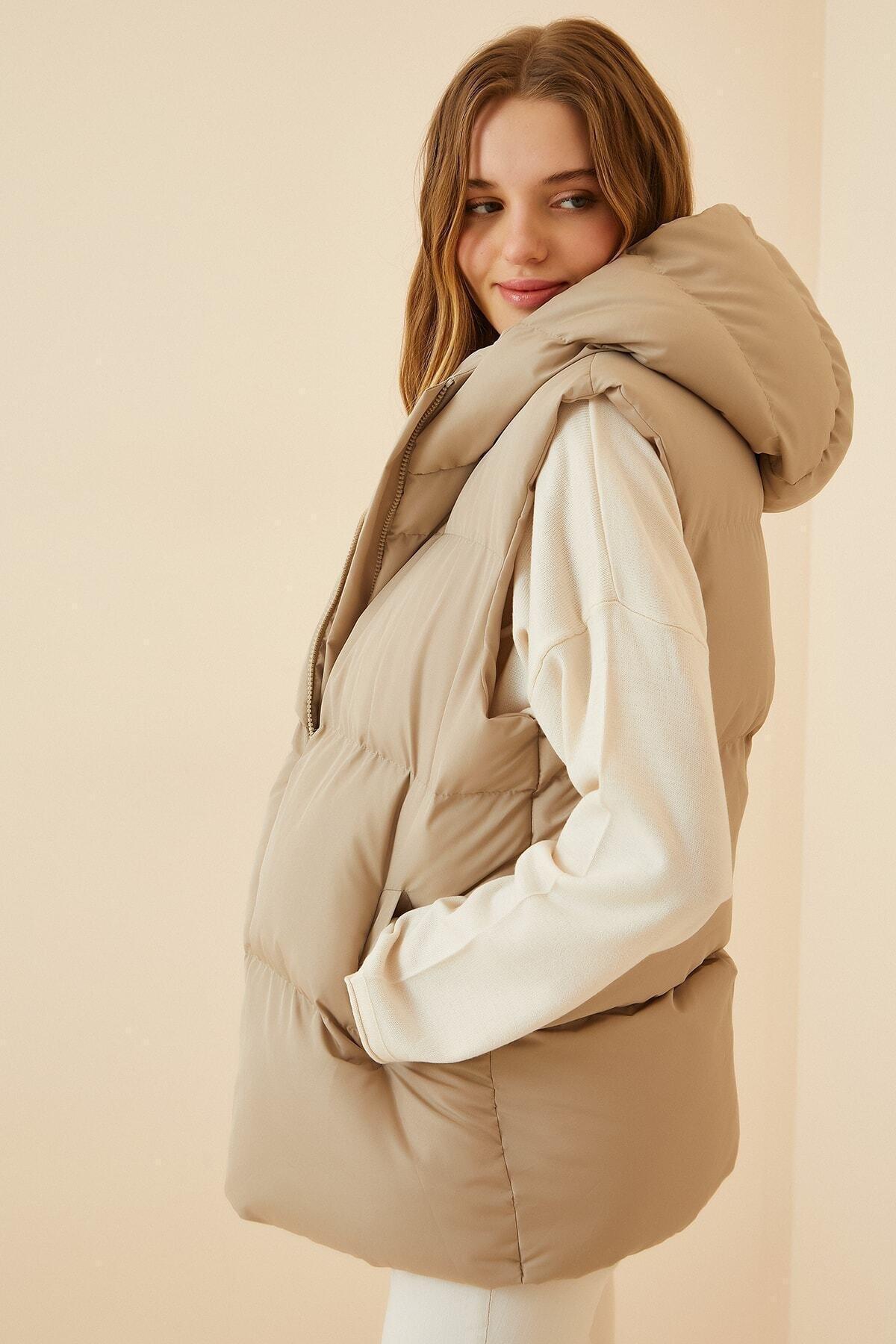 Beige Hooded Puffer Vest, Cream, large image number 6