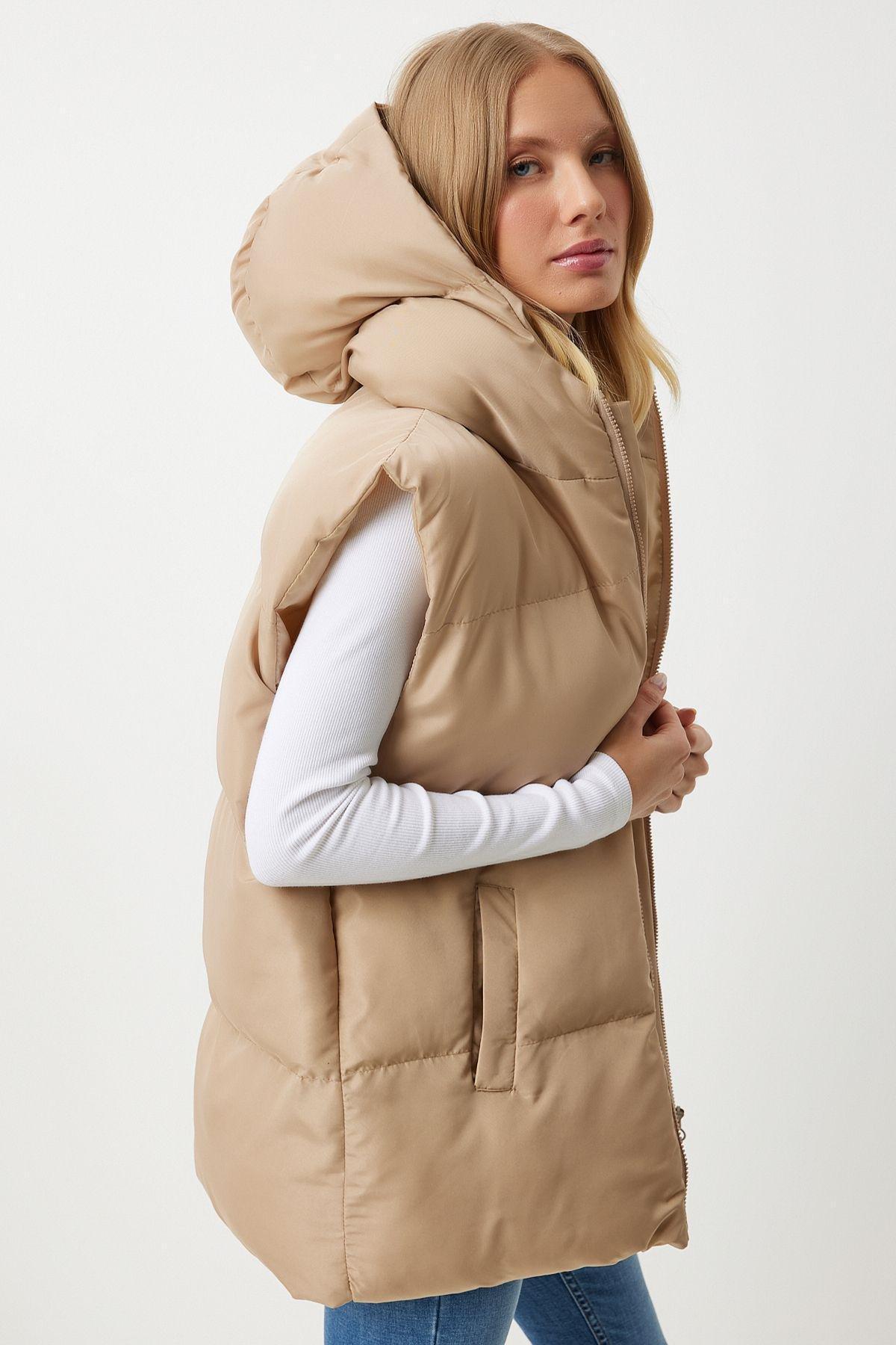 Beige Hooded Puffer Vest, Cream, large image number 7
