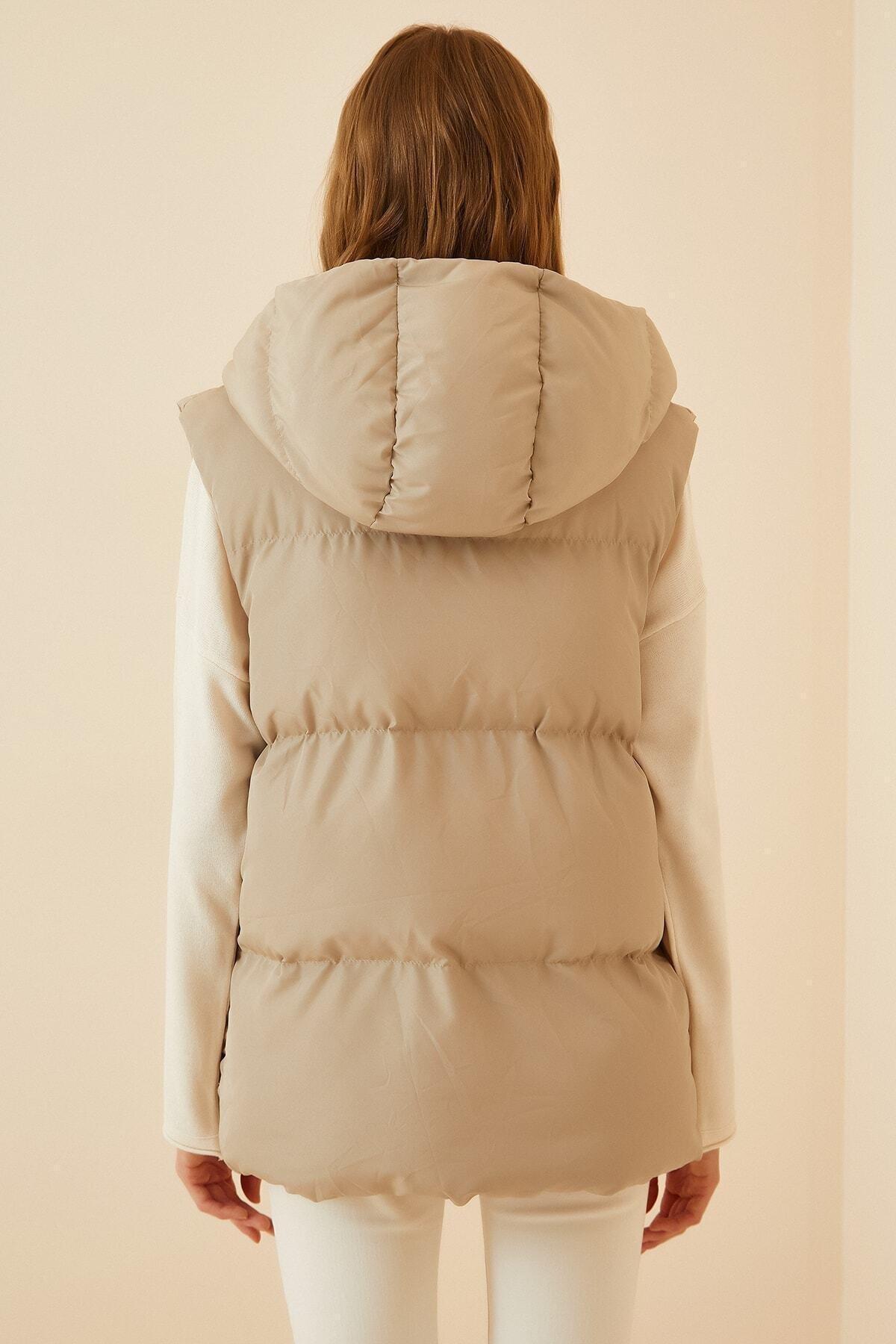 Beige Hooded Puffer Vest, Cream, large image number 8