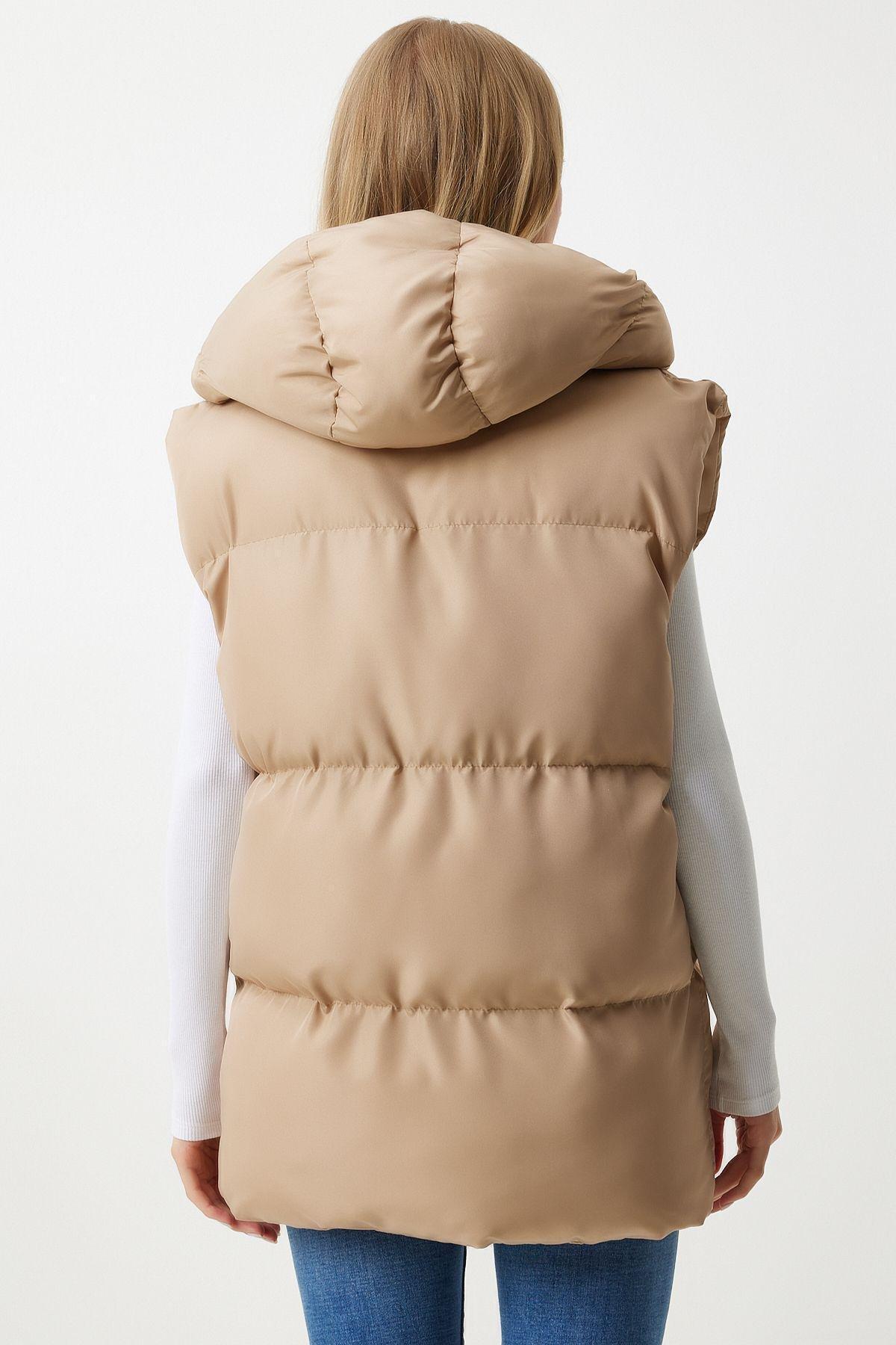Beige Hooded Puffer Vest, Cream, large image number 11