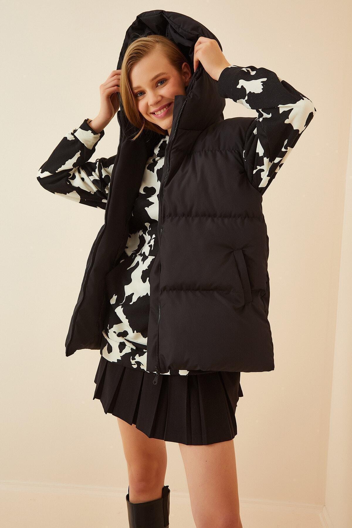 Black Hooded Puffer Vest, , large image number 0