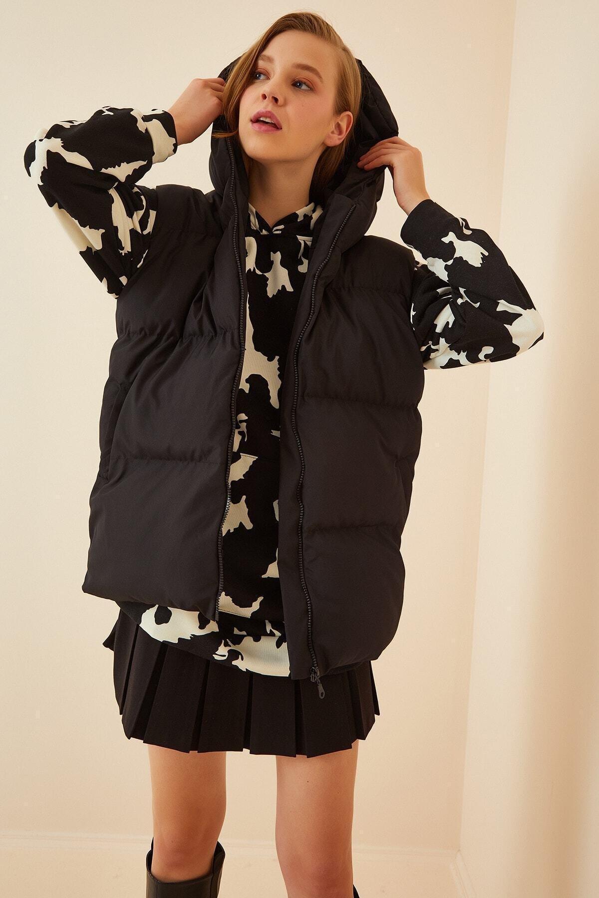 Black Hooded Puffer Vest, , large image number 1