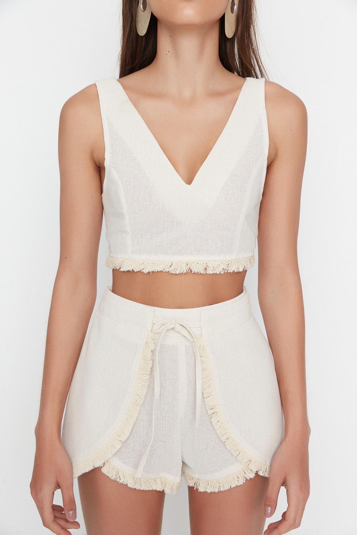 Beige V-Neck Co-Ord Set, , large image number 2