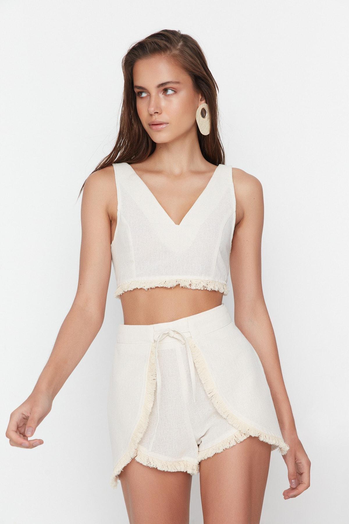 Trendyol - Beige V-Neck Co-Ord Set