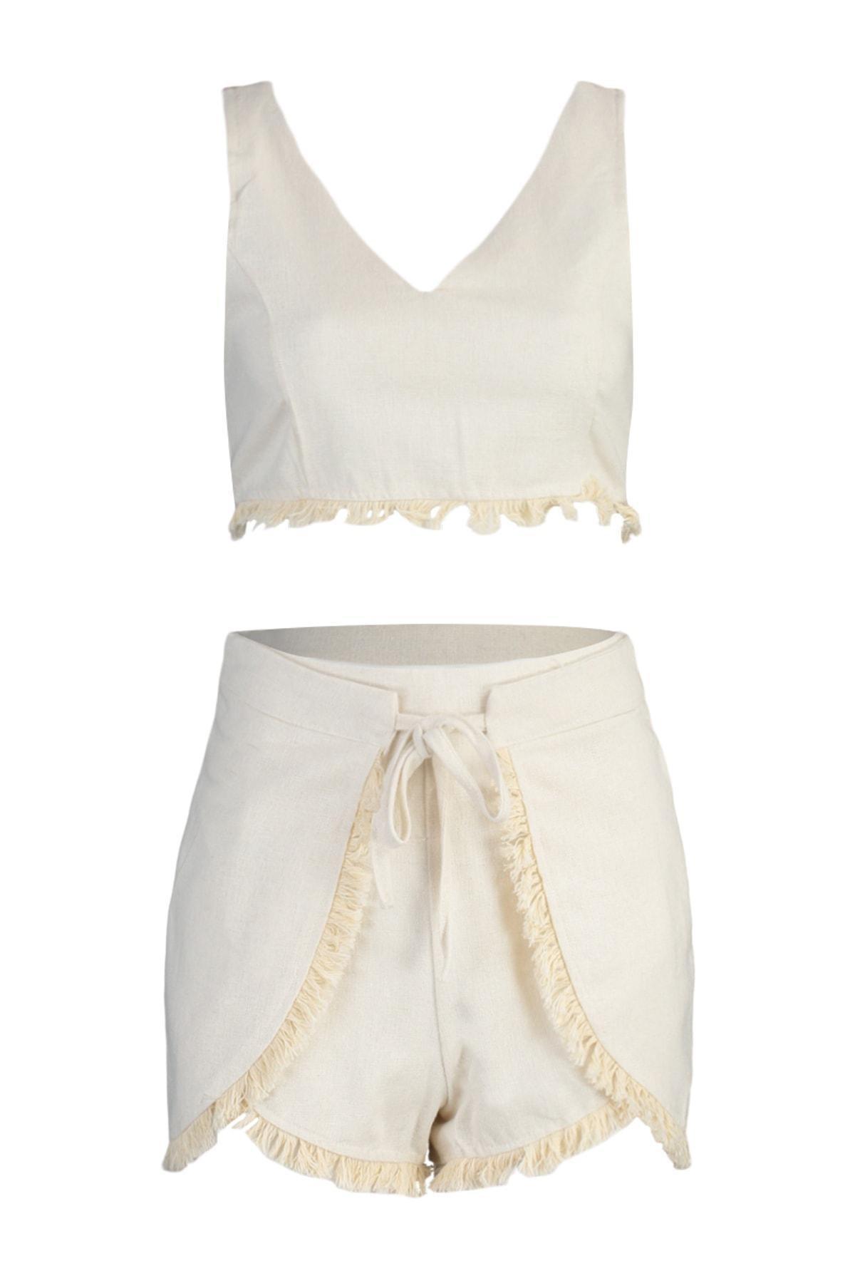 Beige V-Neck Co-Ord Set, , large image number 5