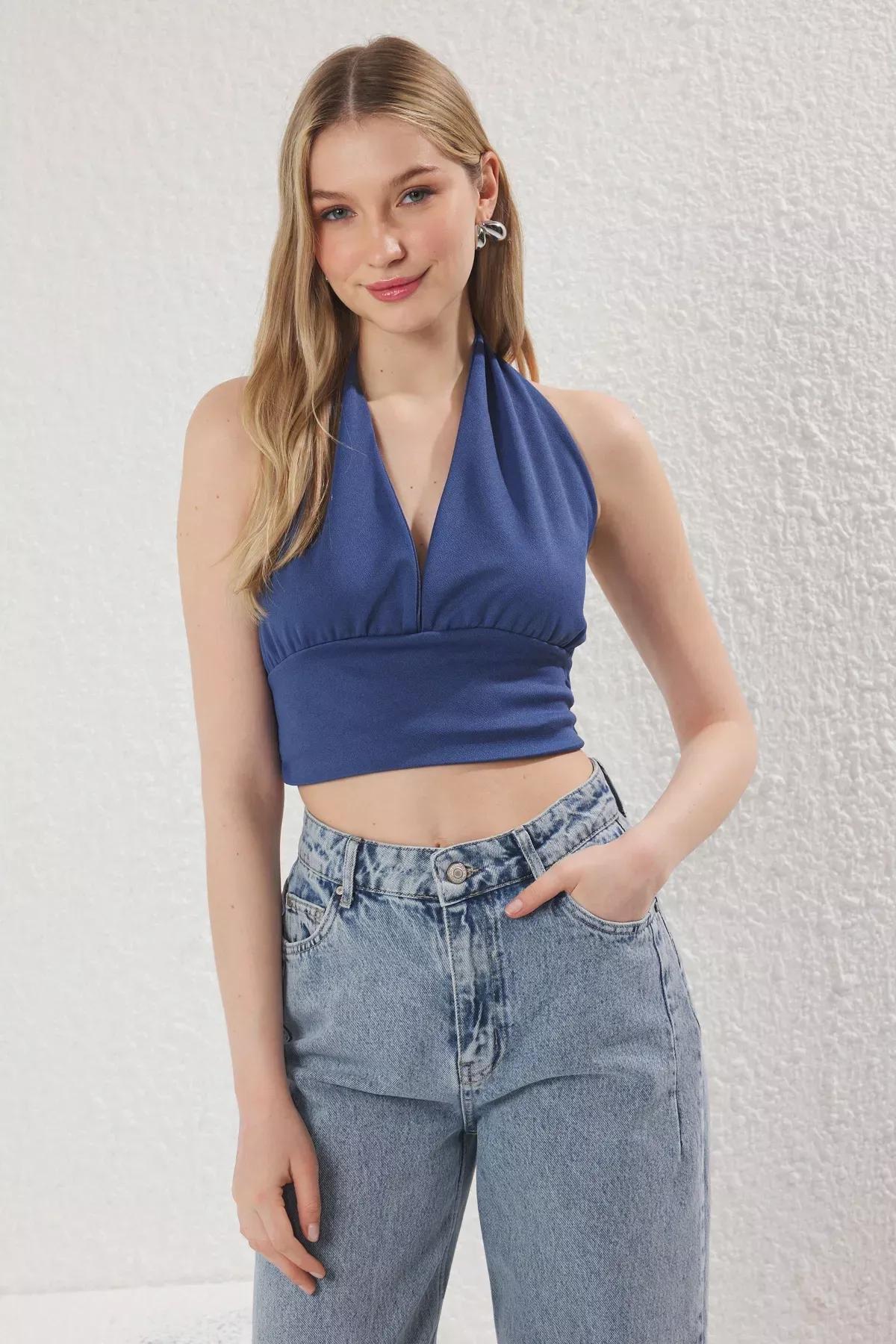 Blue Halter Neck Fitted Crop Knit Blouse, , large image number 0