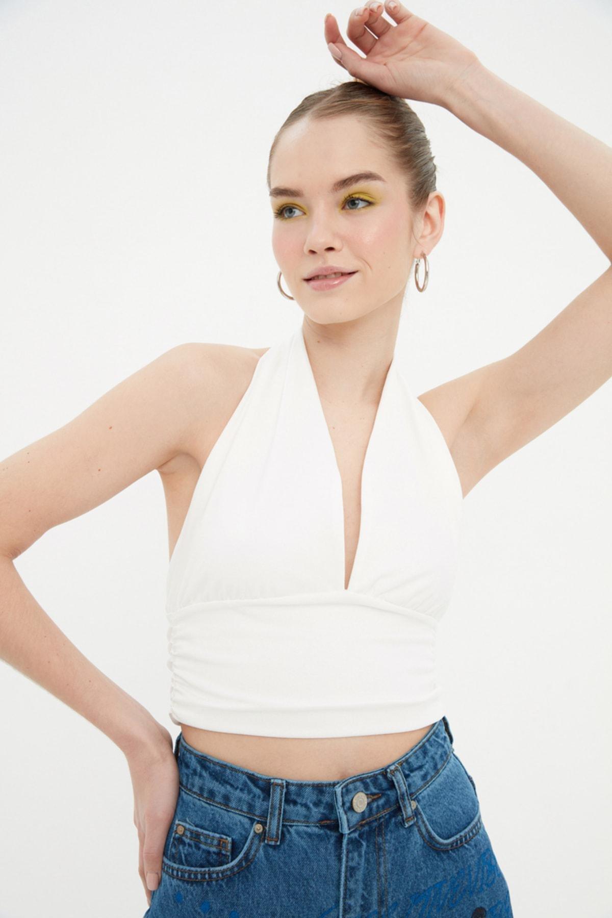 Cream Slim Halterneck Blouse, , large image number 0