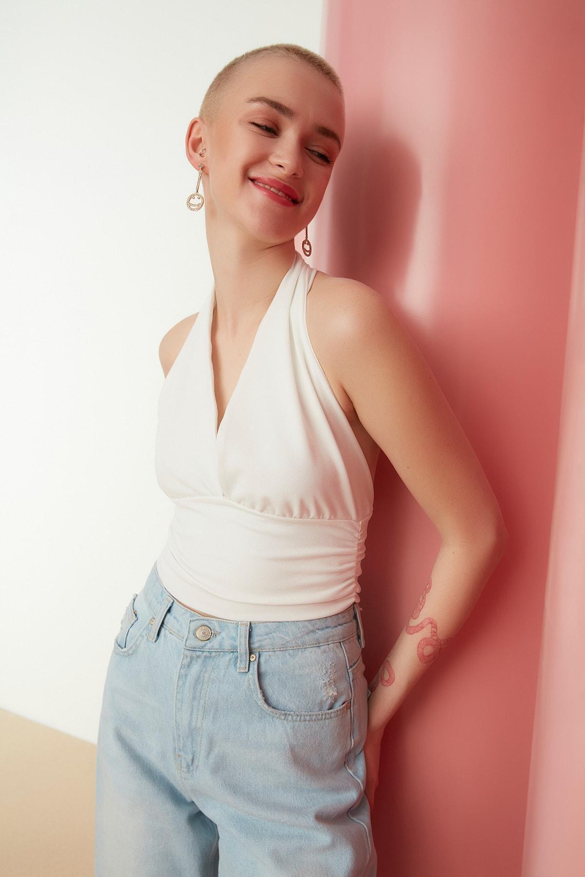 Cream Slim Halterneck Blouse, , large image number 6