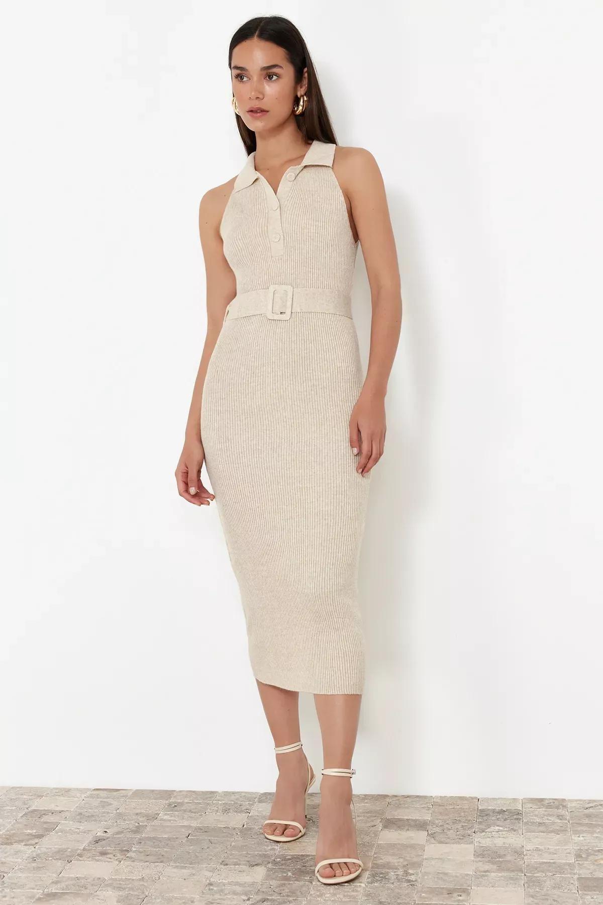 Beige Polo Neckline Bodycon Dress, , large image number 1