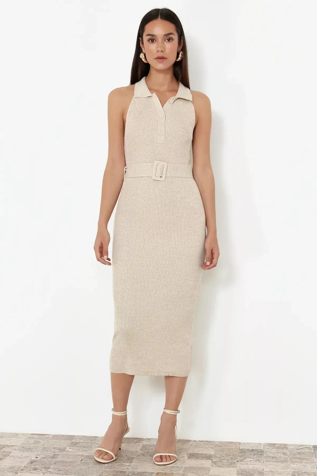 Beige Polo Neckline Bodycon Dress, , large image number 5