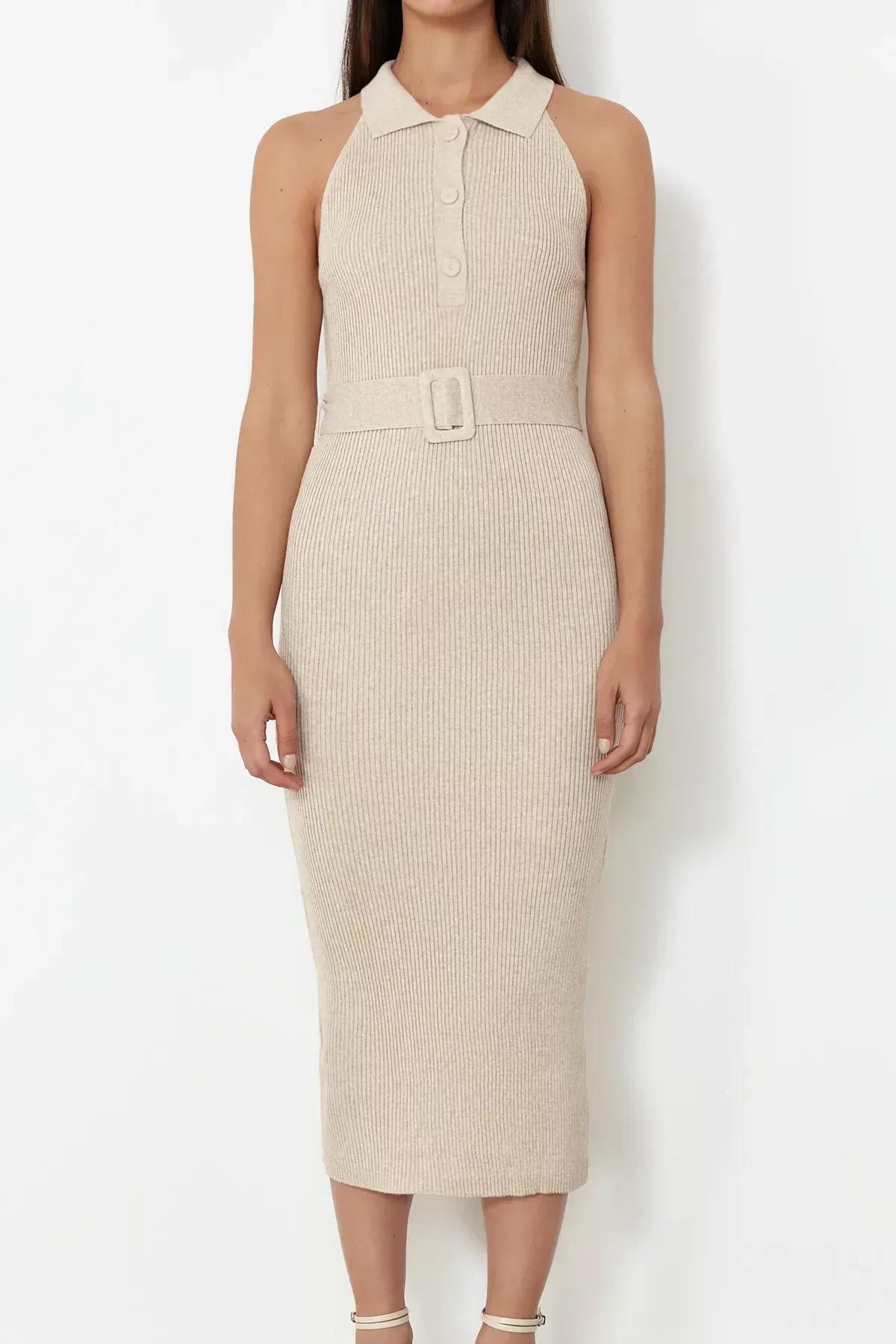 Beige Polo Neckline Bodycon Dress, , large image number 9